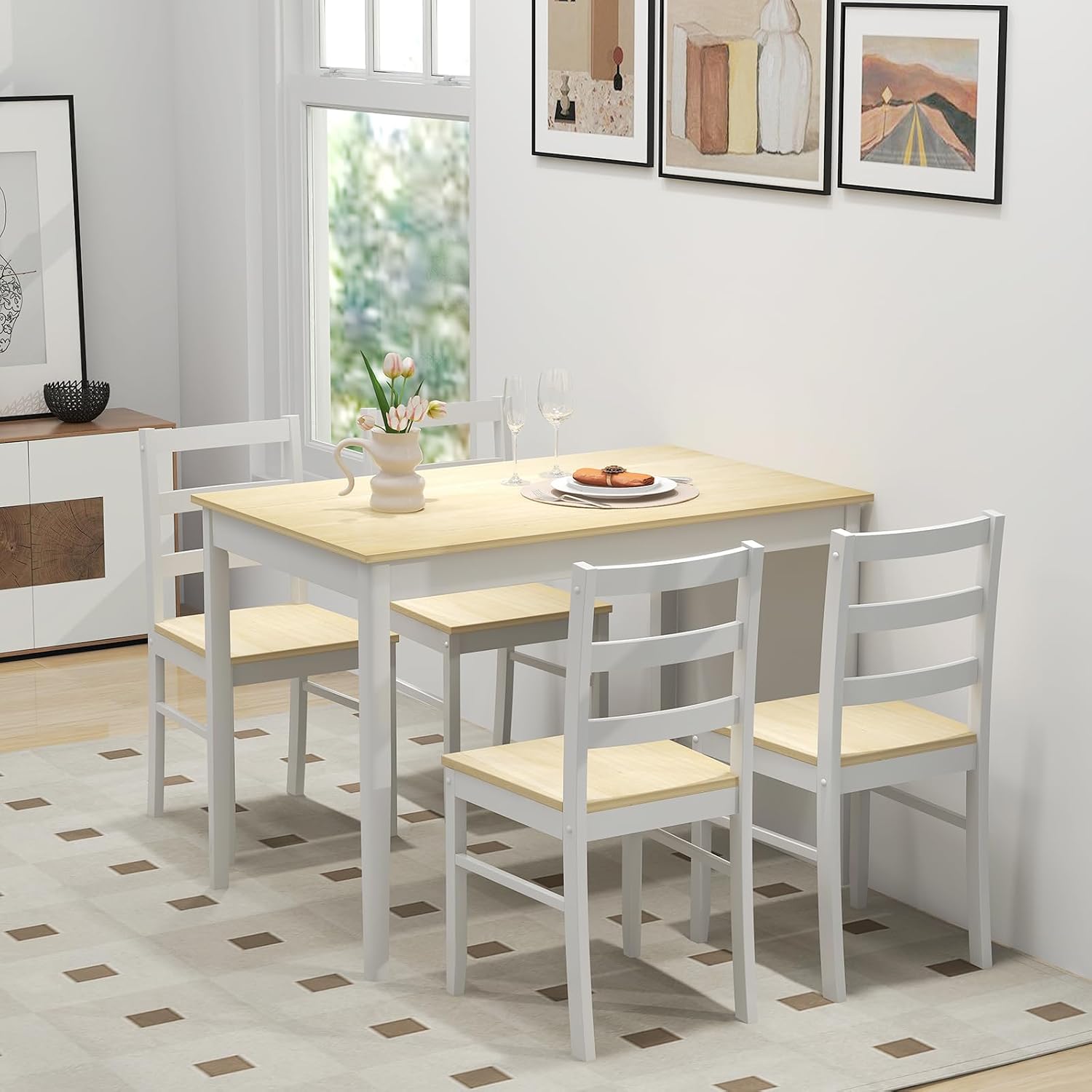 Giantex 5-Piece Dining Table Set for 4, 45' Rectangular Kitchen Table and Chairs Set with Solid Rubber Wood Legs, Space Saving Dinette Set for Small Space, Breakfast Nook, Restaurant (Beige)