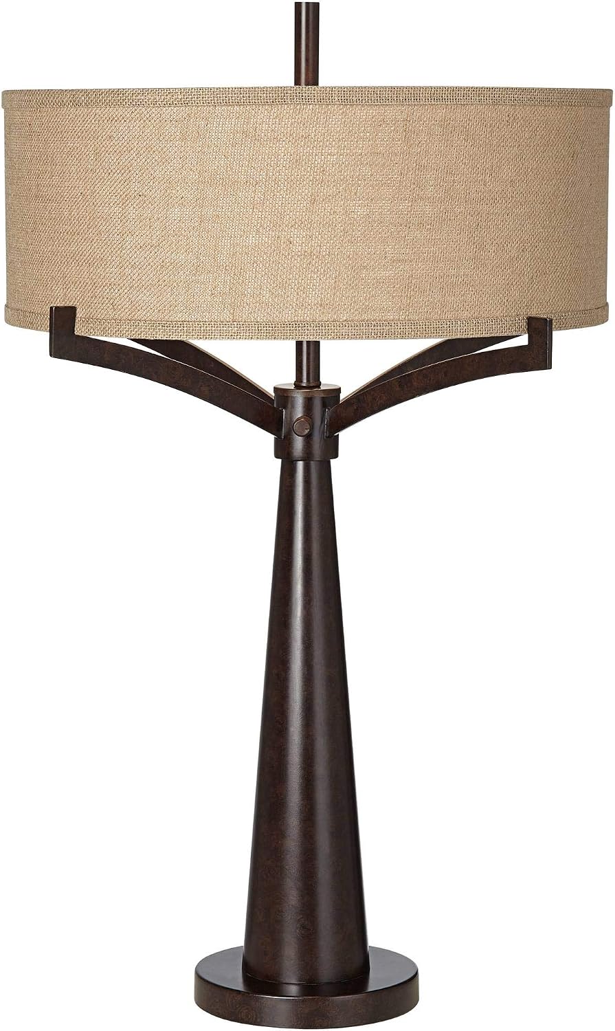 Franklin Iron Works Tremont Rustic Farmhouse Table Lamp 31 1/2' Tall Allegheny Bronze Brown Iron Burlap Fabric Drum Shade for Bedroom Living Room House Home Bedside Nightstand Office Entryway Kids