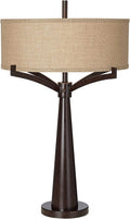 Franklin Iron Works Tremont Rustic Farmhouse Table Lamp 31 1/2' Tall Allegheny Bronze Brown Iron Burlap Fabric Drum Shade for Bedroom Living Room House Home Bedside Nightstand Office Entryway Kids