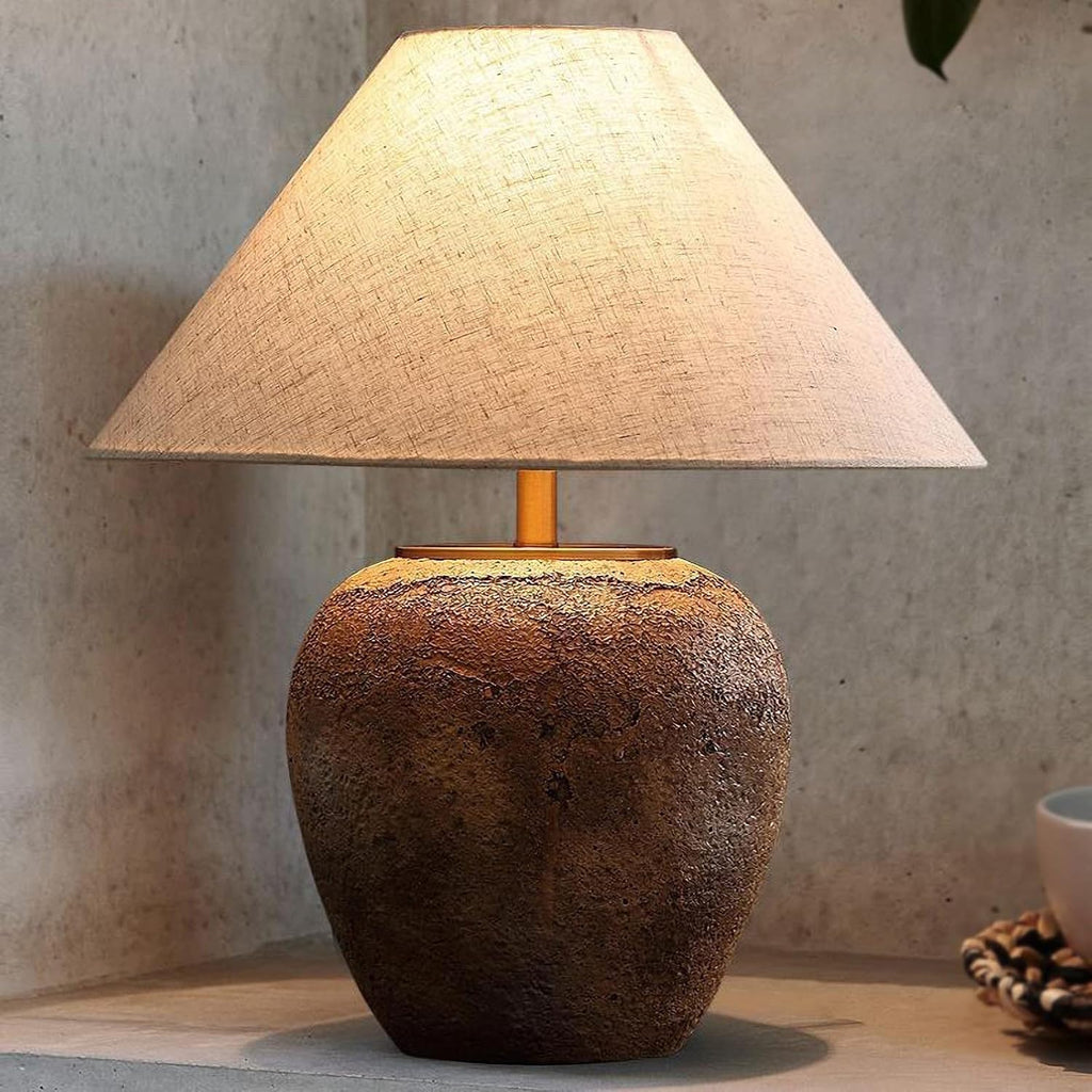 Rustic Farmhouse Clay Pot Table Lamps 19.6' Tall Ceramic Table Lamp, American Southwestern Textured Ceramic Lamp Body with White Textured Shade Bedside Table Lamp for Living Room Bedroom Office