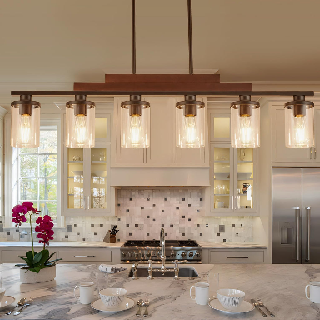 Farmhouse Chandelier 6-Light Dining Room Light Fixture Over Table Kitchen Island Lighting Rustic Chandeliers for Dining Light with Glass Shade Wood Pendant Lights Kitchen Island