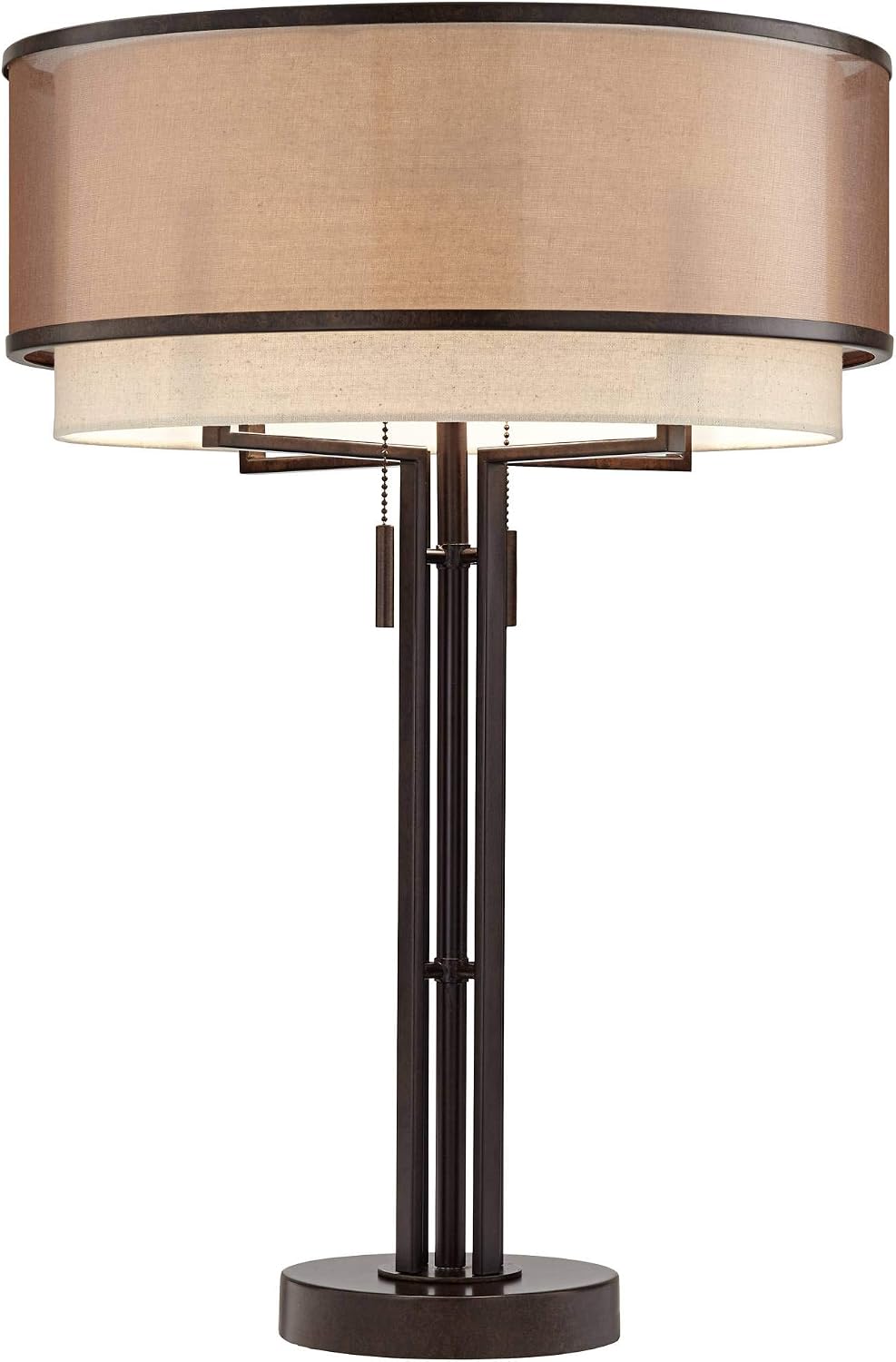 Franklin Iron Works Andes Rustic Farmhouse Industrial 3-Way Table Lamp with Table Top Dimmer 27.5' Tall Oil Rubbed Bronze Metal Stacked Double Drum Shade for Living Room Bedroom House