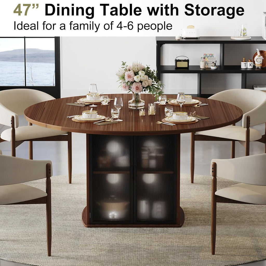 IBF 47' Round Dining Table for 4-6, Circle Kitchen Table with Storage Shelf, Circular Dining Room Tables with Fridge Space, Wood Dinner Tables for Home Kitchen, Walnut (Only Table)