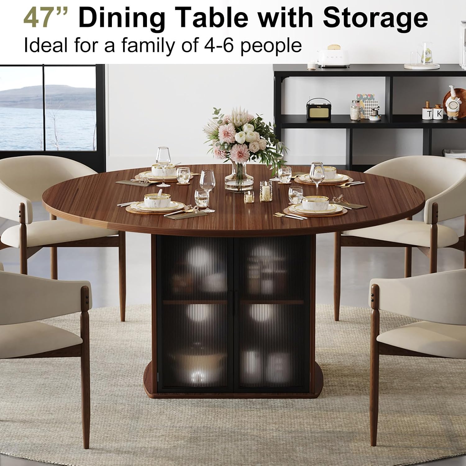 IBF 47' Round Dining Table for 4-6, Circle Kitchen Table with Storage Shelf, Circular Dining Room Tables with Fridge Space, Wood Dinner Tables for Home Kitchen, Walnut (Only Table)