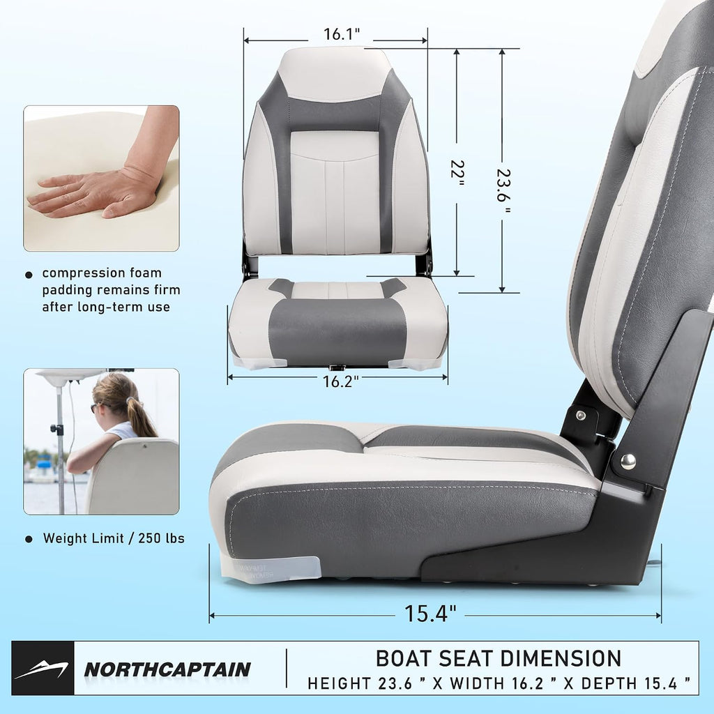 NORTHCAPTAIN S1 Deluxe A Pair of Marine High Back/Low Back Folding Fishing Boat Seat for Fishing, Bass/Jon/Pontoon Boat Chairs, 4 Mounting Screws Included
