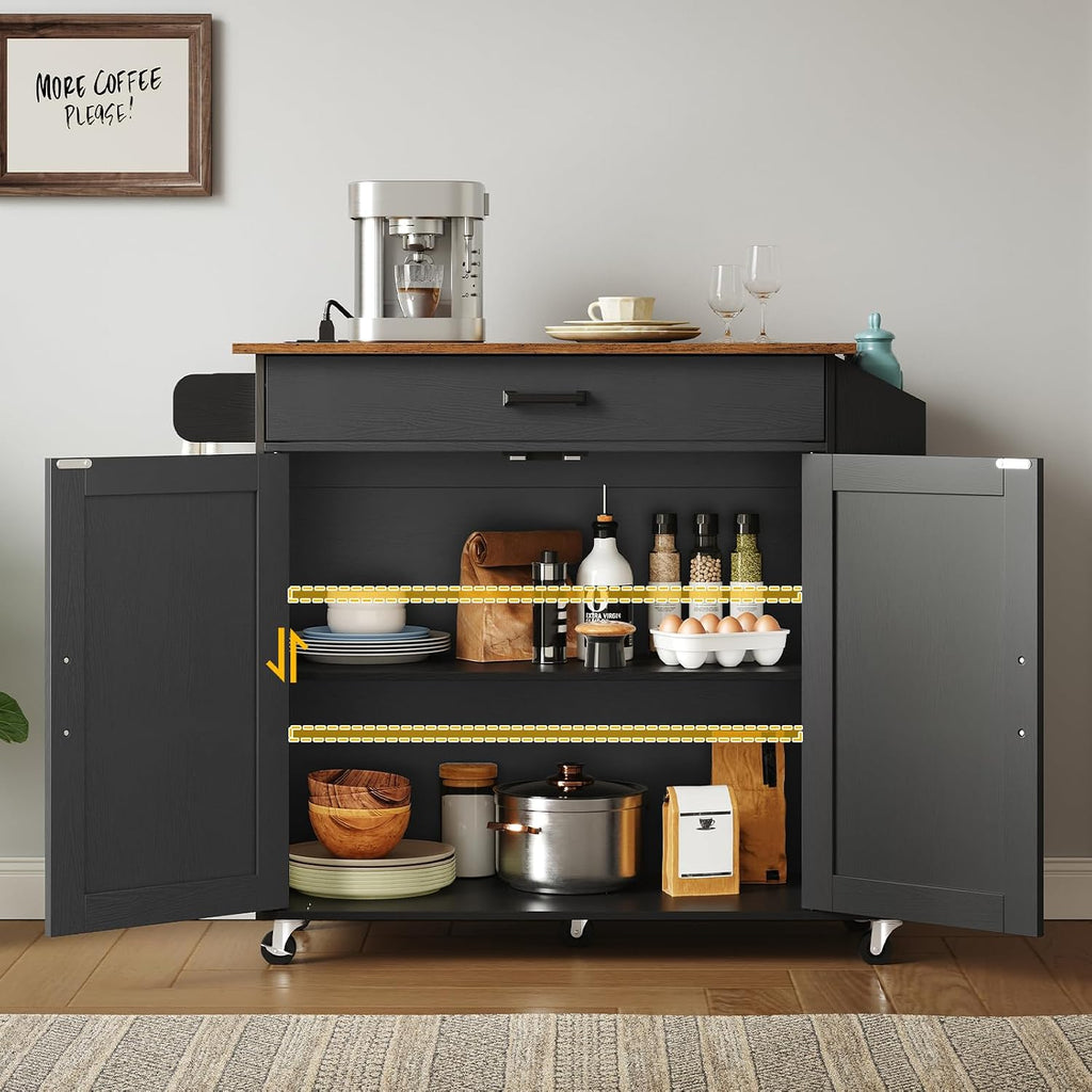 HOOBRO Kitchen Island with Drop Leaf Countertop & Power Outlet, Rolling Island Cart on Wheels, Kitchen Cart with Drawer & Spice Rack, Mobile Island Table for Kitchen, Black BF86UZD01