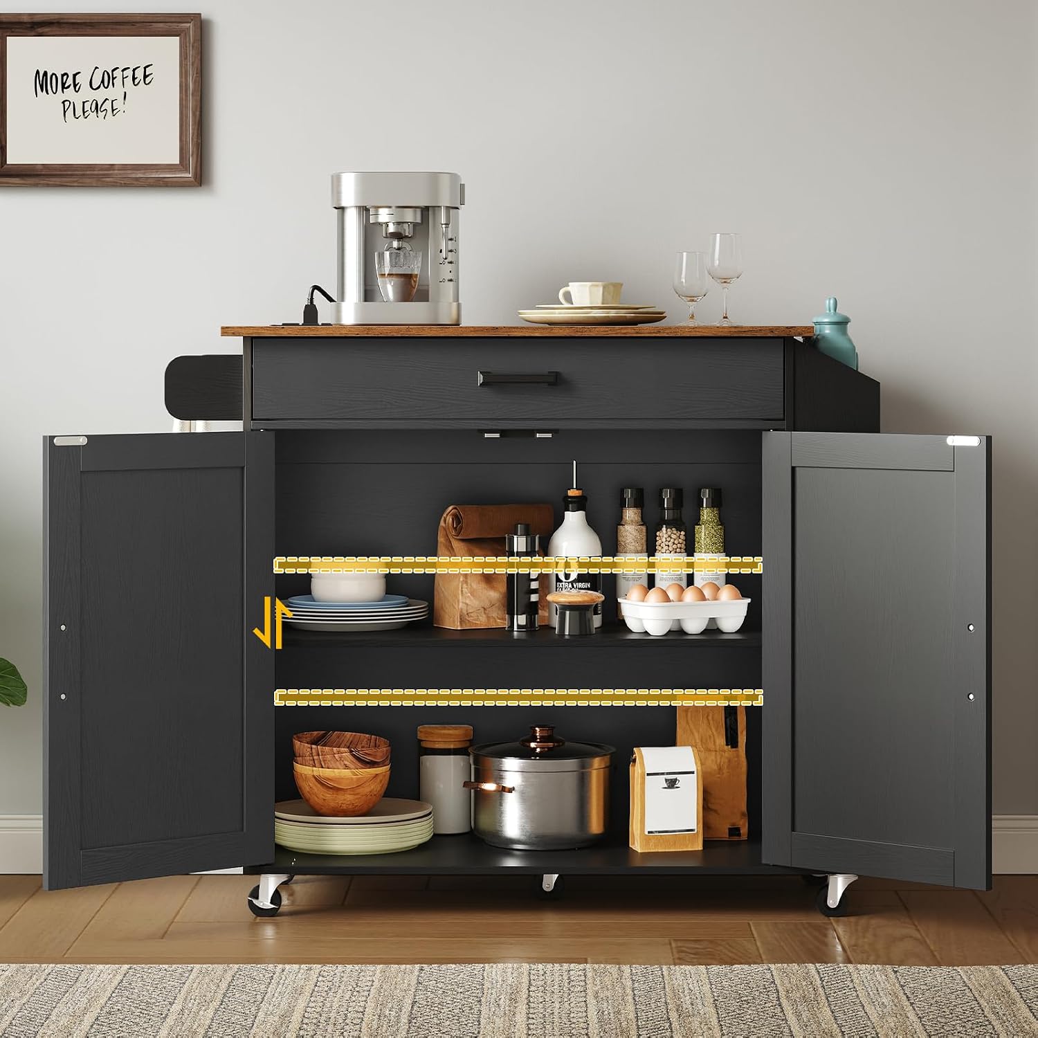 HOOBRO Kitchen Island with Drop Leaf Countertop & Power Outlet, Rolling Island Cart on Wheels, Kitchen Cart with Drawer & Spice Rack, Mobile Island Table for Kitchen, Black BF86UZD01