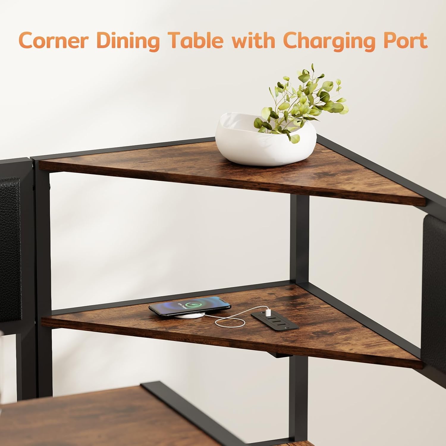 Zevemomo Kitchen Breakfast Nook Table Set for 4-6, Corner Dining Table Set with Charging Port, L-Shaped Corner Kitchen Table with Storage & Bench, Farmhouse Dining Table Set for Small Space, Brown