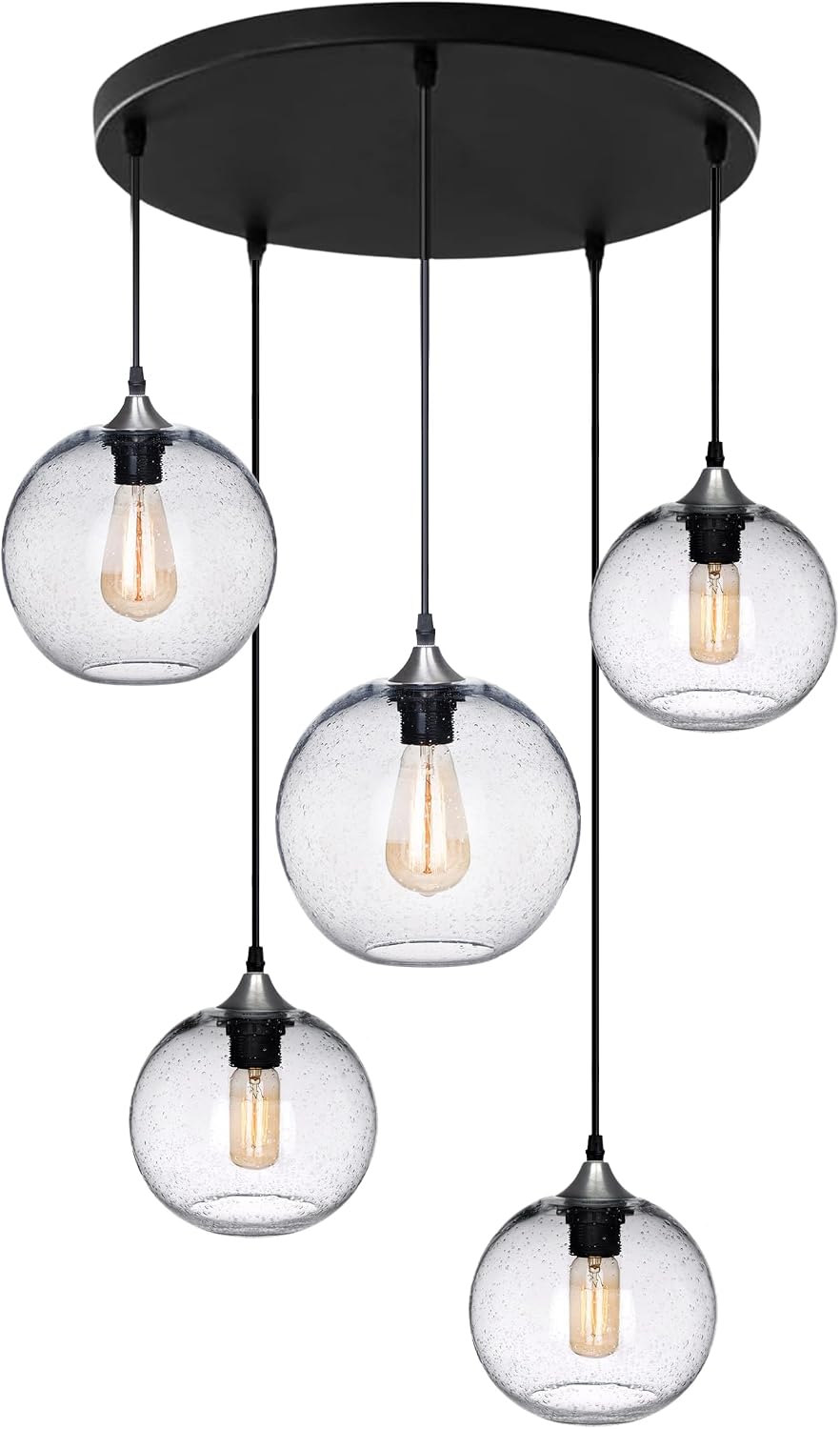 Glass Cluster Chandelier 5-Lights Pendant Lights Modern Rustic Seeded Bubbles Globe Ceiling Hanging Fixtures Entryway Hallway Dining Living Room Stair Group Lamp 7-9 Inch Diam