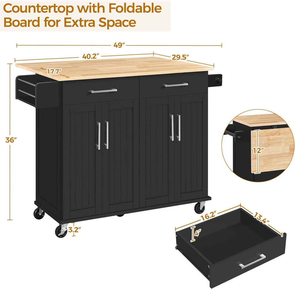 Yaheetech Kitchen Island Cart with Drop Leaf, 49' Rolling Island Table with Storage, Drawer, Kitchen Cart with Rubberwood Top, Detachable Towel & Spice Rack, Black
