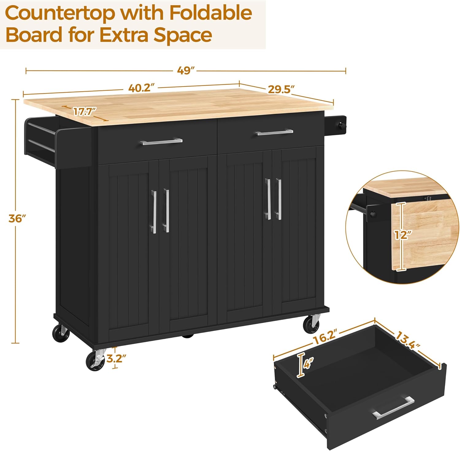 Yaheetech Kitchen Island Cart with Drop Leaf, 49' Rolling Island Table with Storage, Drawer, Kitchen Cart with Rubberwood Top, Detachable Towel & Spice Rack, Black