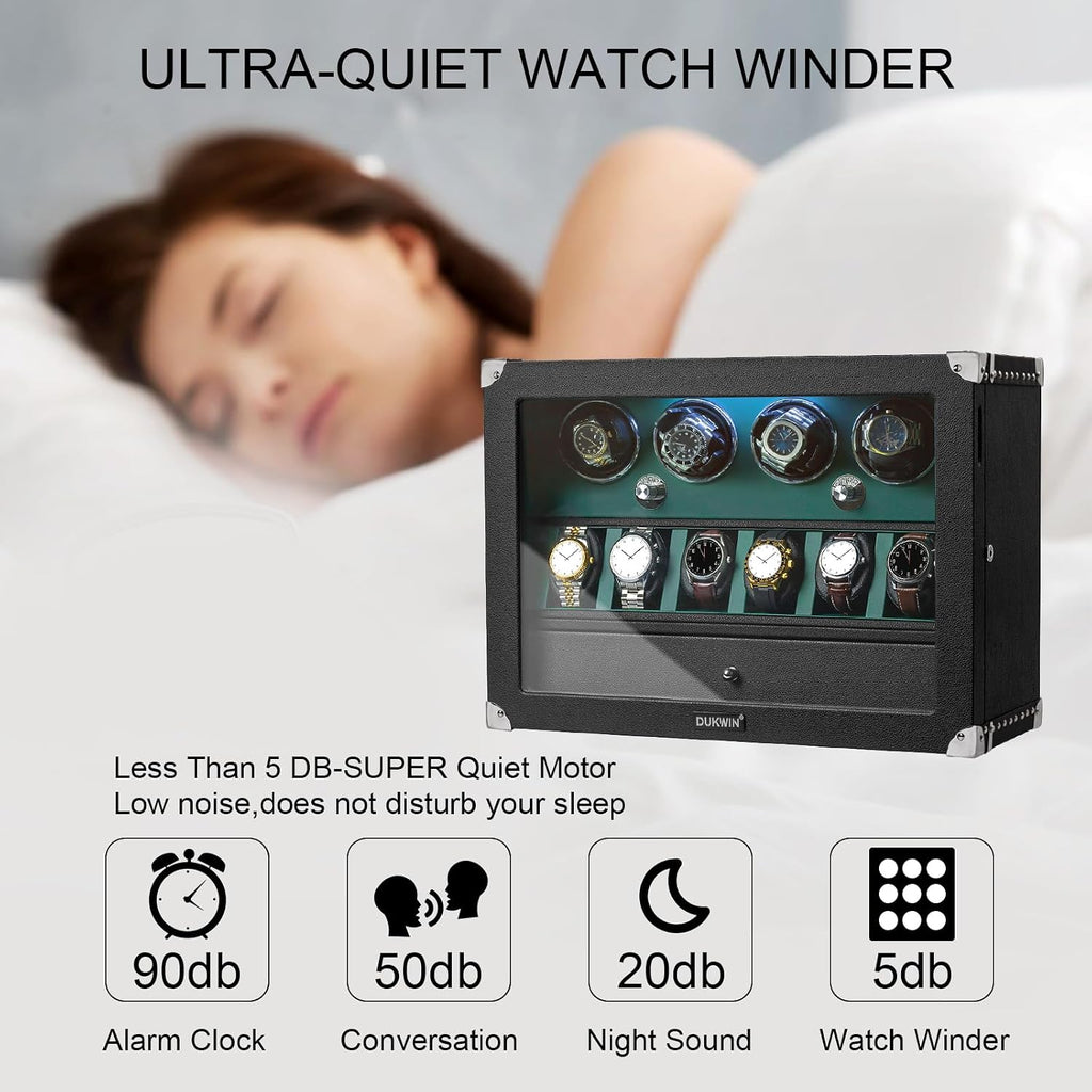 DUKWIN Watch Winder for 4/6/8 Automatic Watches, Lockable Winders with Watch Holders and Jewelry Storage, Super Quiet Motor with High-Gloss Finish, Built-in Illumination