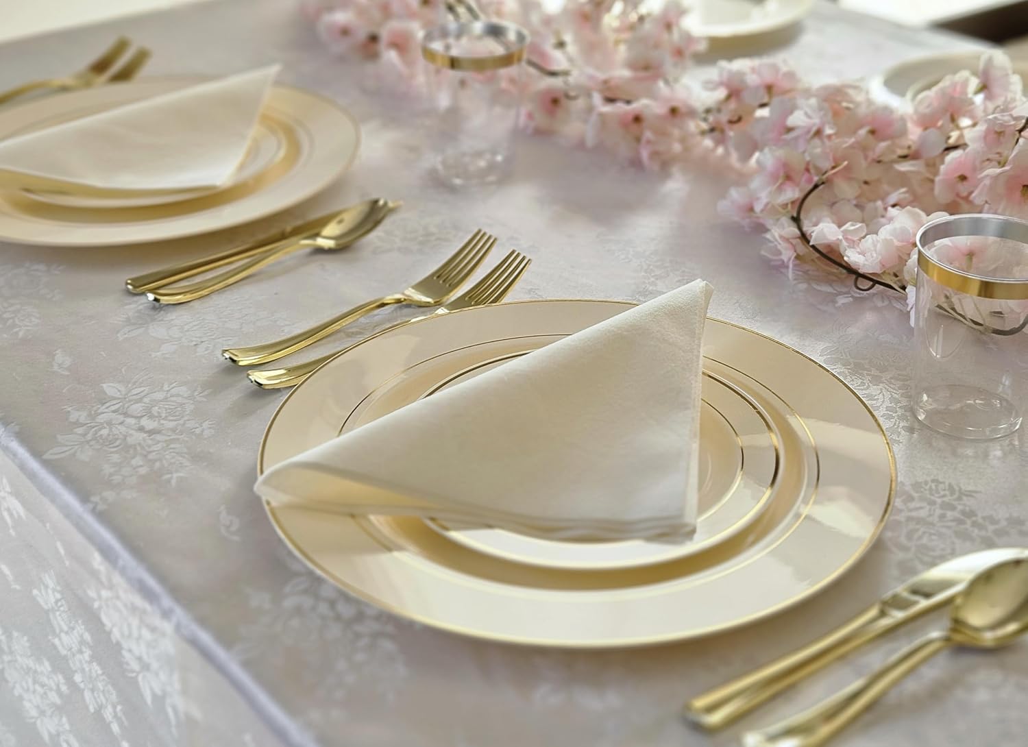 ' OCCASIONS ' 1080 pcs/120 Guest-Full Tableware Set - Wedding Disposable Plastic Plates Silverware, Clear Tumblers & Linen Feel Napkins w/Metal Napkin Rings (Combo D, Ivory & Gold Rim)