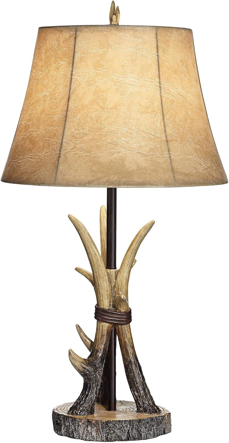 John Timberland Boone Rustic Western Cottage Core Table Lamps 27.5' Tall Set of 2 with USB Charging Port Natural Antler Bell Shade Decor for Living Room Bedroom House Bedside Nightstand Home Office