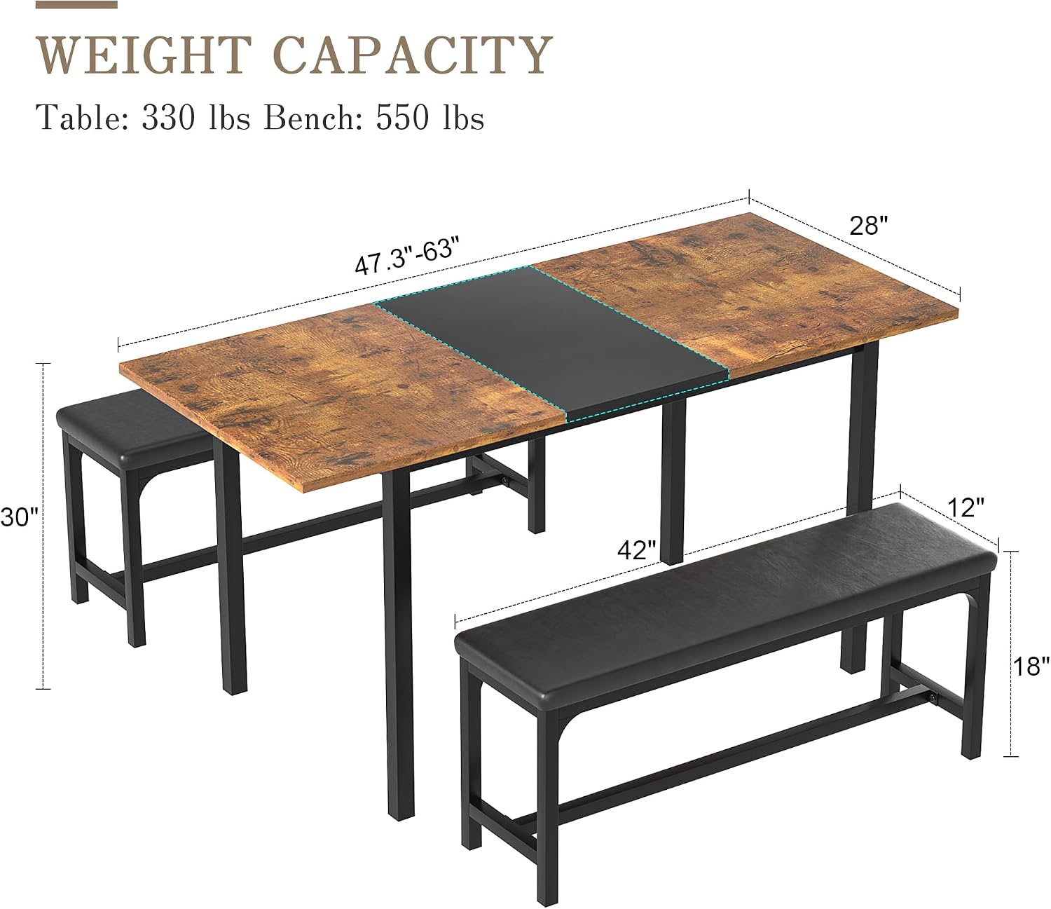 VECELO 3-Piece 63' Extendable Kitchen Table with Benches/Chairs, Modern Breakfast Dinette/Dining Room Set for 4/6/2, Small Space Saving Design, Easy Assembly