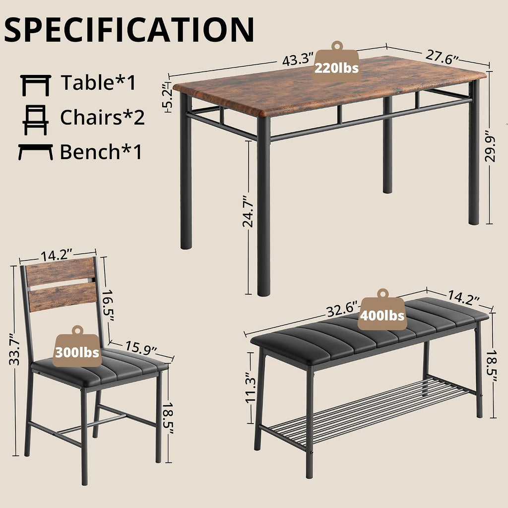 IRONCK Dining Table Set for 4, Kitchen Table with Upholstered Bench and 2 Chairs, Kitchen Table and Chairs Set for Small Space, Apartment, Rustic Brown