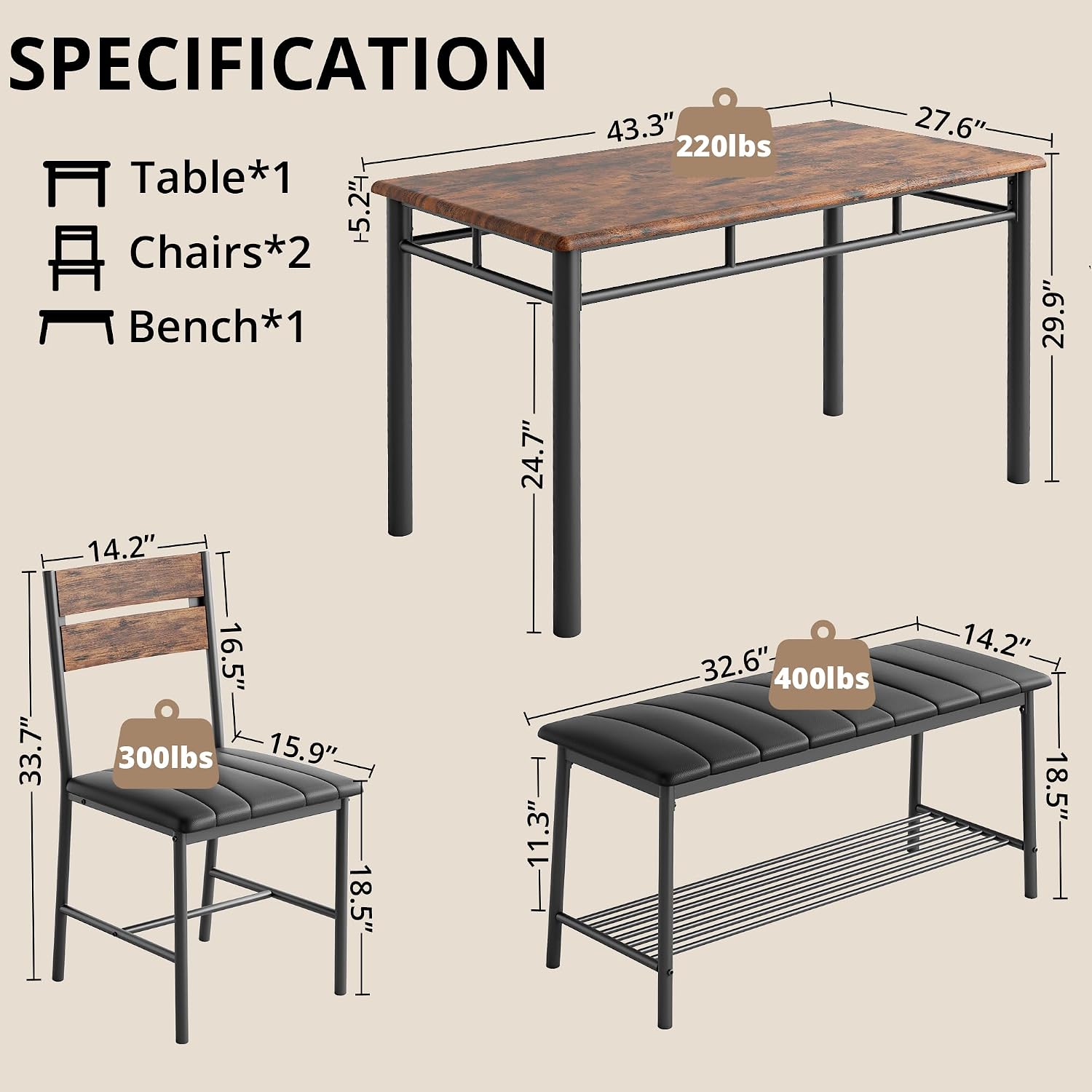 IRONCK Dining Table Set for 4, Kitchen Table with Upholstered Bench and 2 Chairs, Kitchen Table and Chairs Set for Small Space, Apartment, Rustic Brown