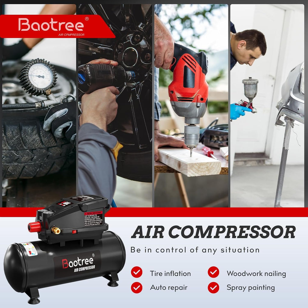4 Gallon Portable Air Compressor, 0.5HP Motor 0.6SCFM@90 PSI,1.0SCFM@40PSl Max 110PSI Oil Free Air Compressor Tank, Garage Air Compressors for Car Repair, Spray Painting, Woodwork Nailing