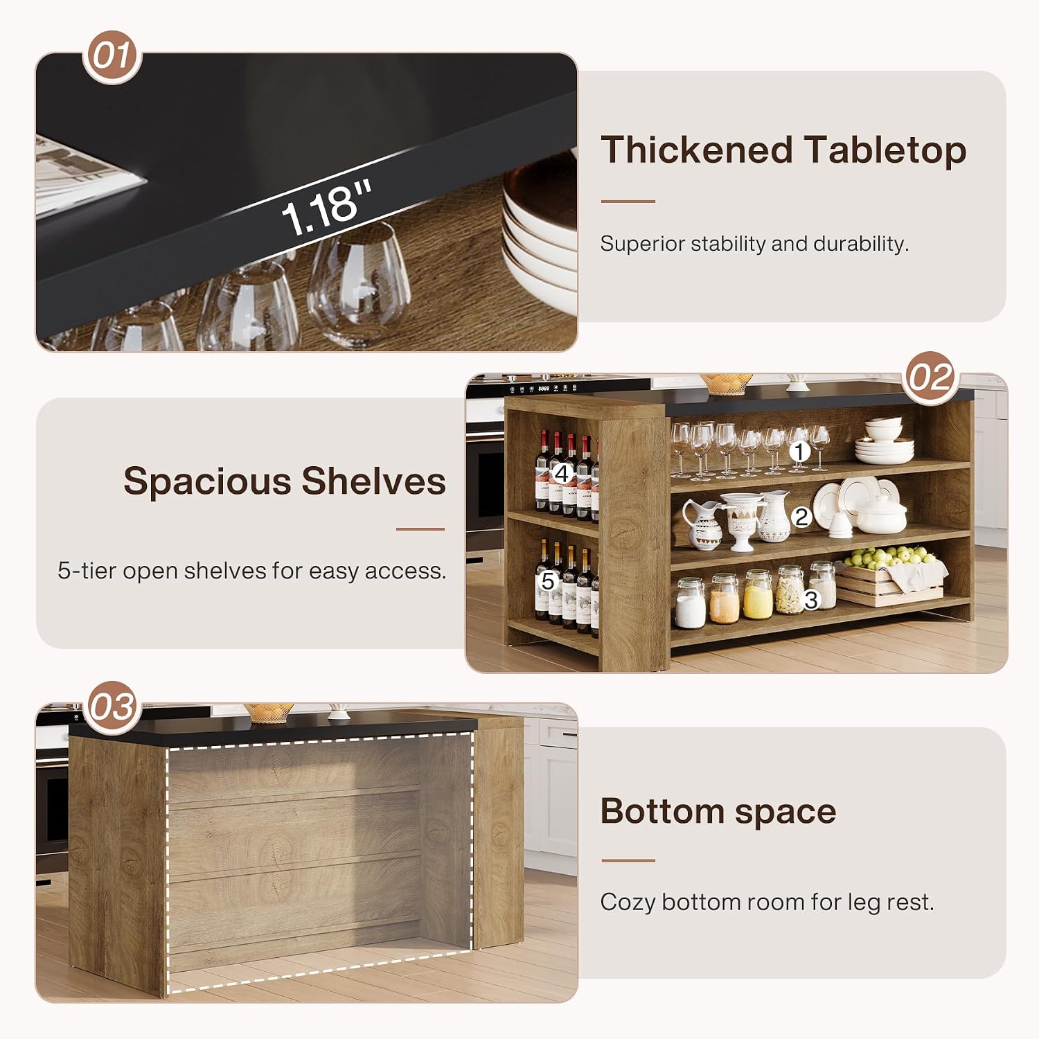 Tribesigns 55' Kitchen Island with Storage, Farmhouse 5-Tier Stationary Island Table with 5 Shelves, Wood Coffee Bar Table Storage Cabinet with Large Countertop for Kitchen, Vintage Brown