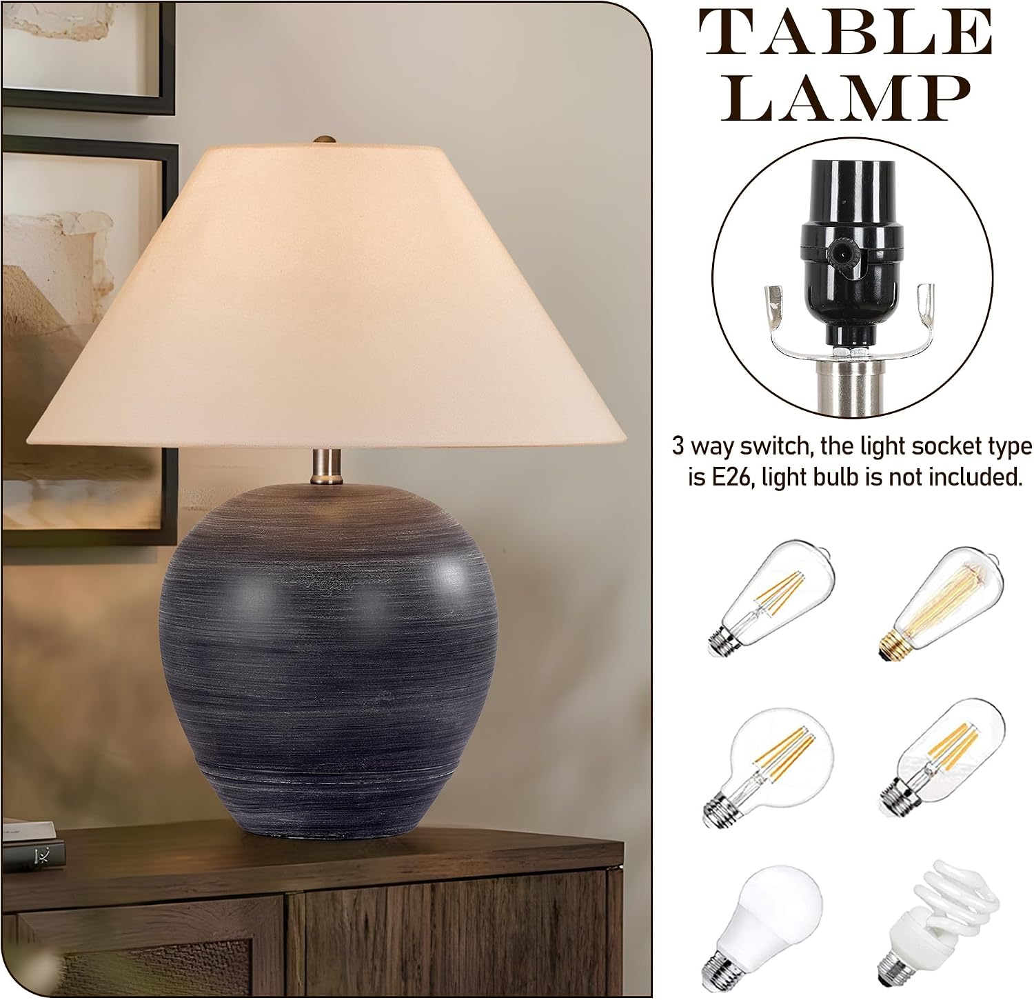 Pia Ricco 21'' Medium Size Black Glossy Ceramic Base Ceramic Basin Table Lamp Set of 2 for Bedroom, Living Room, Dining Room, Office, White Shade,White Striped Black Base