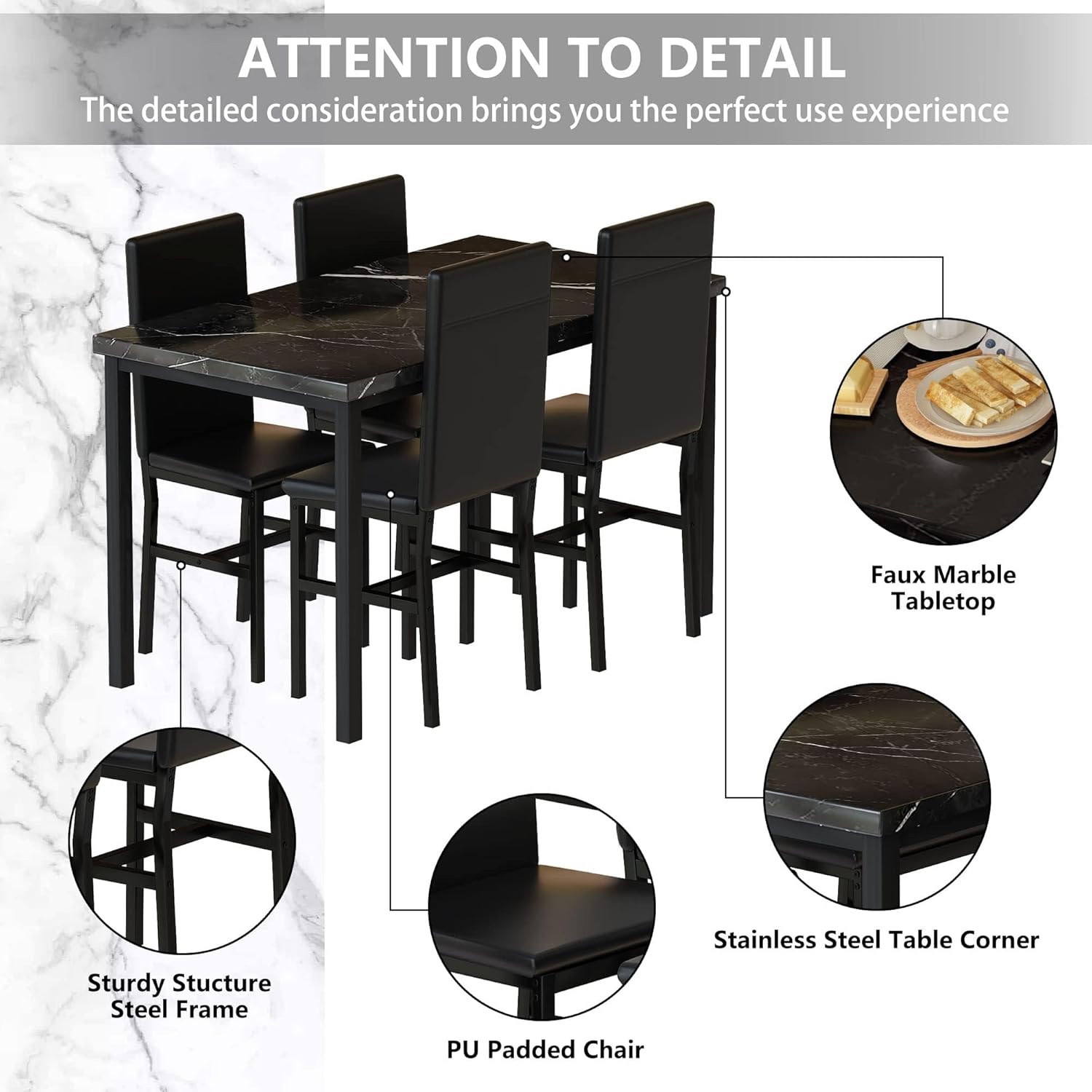 Hooseng Dining Table Set for 4, Modern Faux Marble Kitchen Table with 4 PU Leather Chairs, 5 Piece Dining Room Sets for Dinette, Breakfast Nook, Black