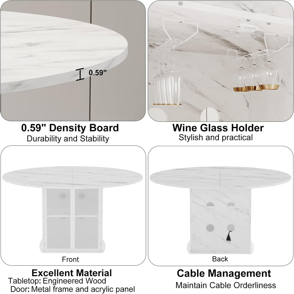 IBF 47' Round Dining Table with Storage, White Faux Marble Kitchen Tables for 4-6 People, Modern Dining Room Table with Fridge Space, Wood Circle Dinner Tables for Home, White Marble, Only Table