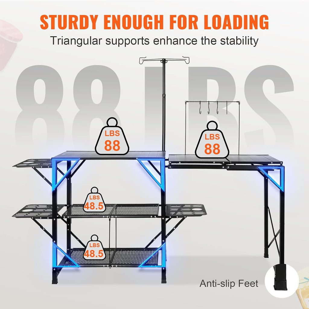 VEVOR Camping Kitchen Table with Sink, Aluminum Folding Portable Outdoor Cook Station, 2 Shelves & Carrying Bag for Picnic BBQ Beach Traveling