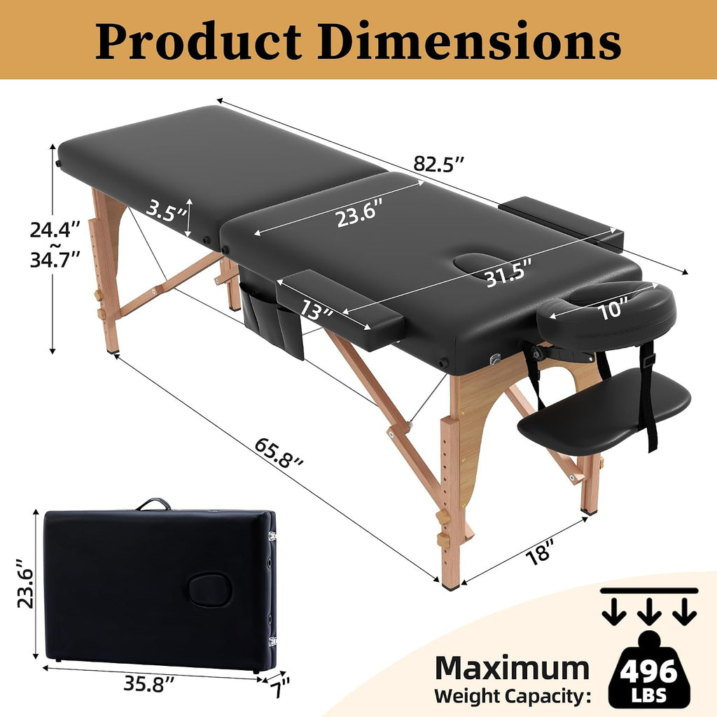 civama Massage Table Massage Bed Portable, 29 LBs Light Weight 2 Section Foldable Tattoo Bed Facial Care Spa Lash Bed Height Adjustable Sturdy Wooden Frame with Accessories Carrying Bag, Black