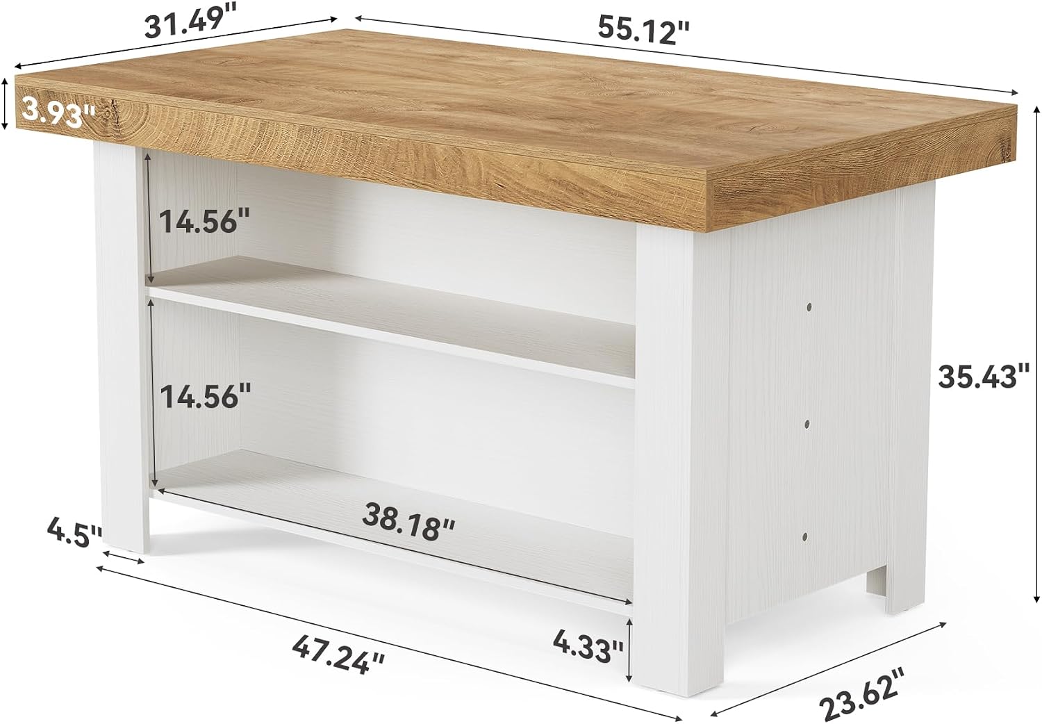 LITTLE TREE 55 Inches Kitchen Island with Storage, 3-Tier Farmhouse Stationary Island Table with Large Worktop & Leg Room, Modern Coffee Bar Table with Storage Shelf for Kitchen, Oak & White