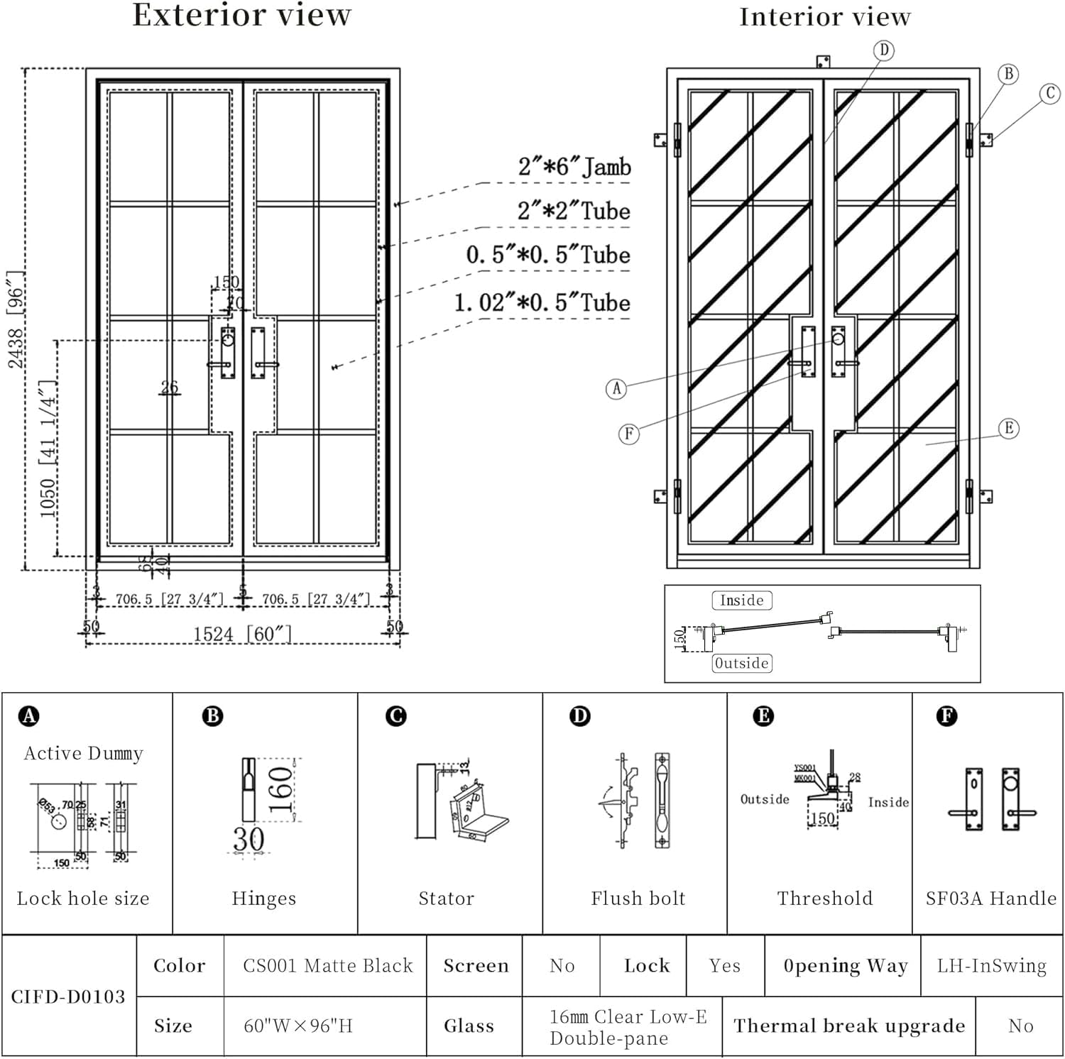 SINDA Steel French Double Door Exterior Entry Front Door Prehung 8-Lite Clear Low-E Glass, Matte Black, 60' W x 96' H