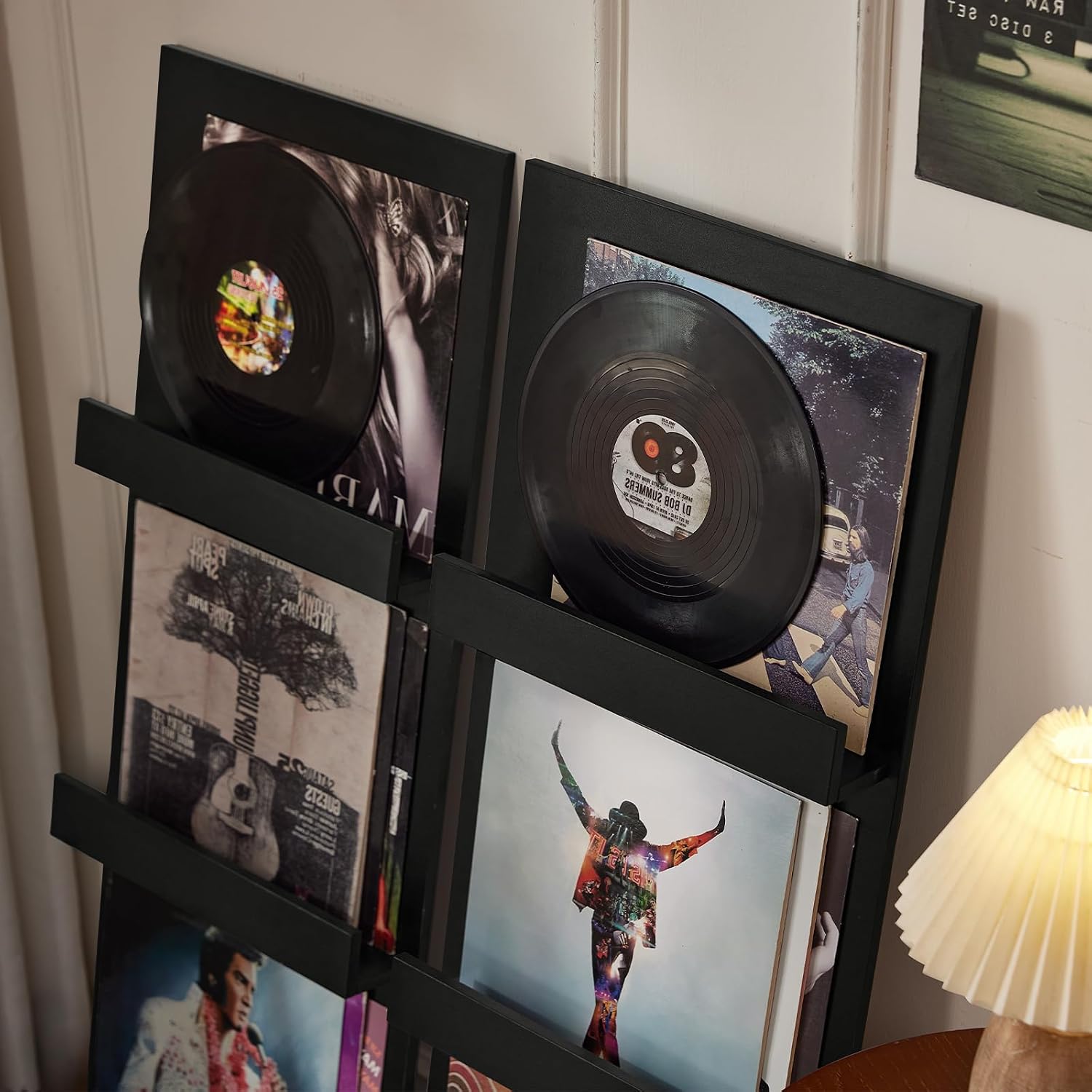 LELELINKY Wall Mount Vinyl Record Holder Set of 2 with 3 Tier Display Area, 47.5'' Tall Record Storage Magazine Holder, Book Shelf Holder Holds Up to 15 Vinyls Albums/CD for, Living Room, Music Room