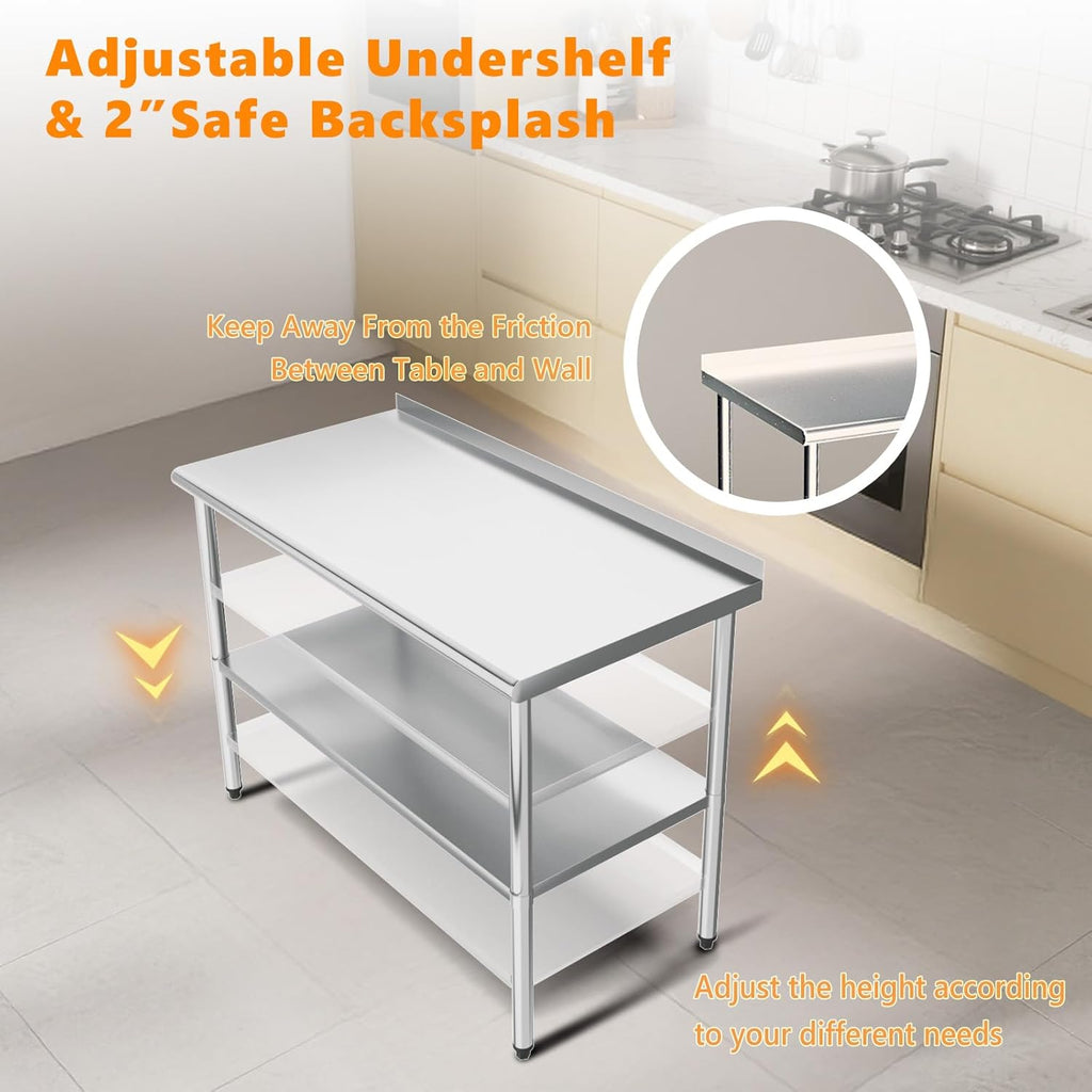 ROVSUN 60'' x 24'' Stainless Steel Table for Prep & Work,Commercial Worktables & Workstations, NSF Heavy Duty Metal Table with Adjustable UnderShelf & Backsplash for Kitchen,Restaurant,Home,Hotel