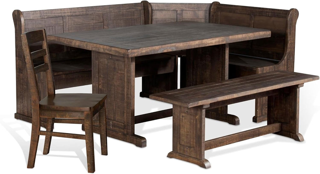 Pemberly Row Farmhouse Wood Kitchen Corner Breakfast Dining Nook Set with Table, Reversible Bench, Chair and Hidden Storage in Tobacco Leaf