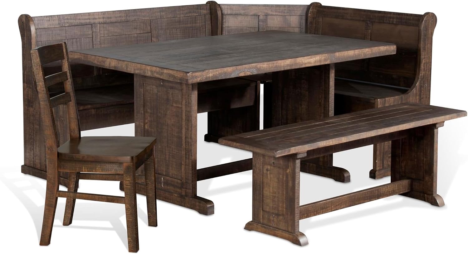 Pemberly Row Farmhouse Wood Kitchen Corner Breakfast Dining Nook Set with Table, Reversible Bench, Chair and Hidden Storage in Tobacco Leaf