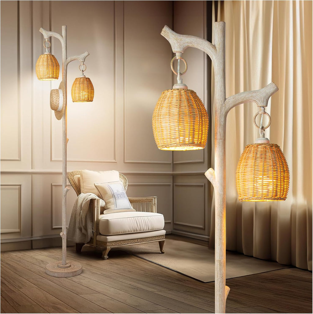 Scenekoy 68' High Farmhouse Rustic Country Cottage Floor Lamp Tree Trunk Faux Wood Column White Washed Wicker Drum Shade Decor for Living Room Bedroom Reading Room