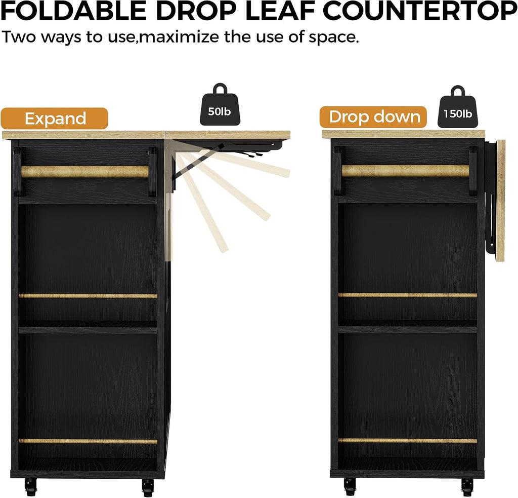 IRONCK Kitchen Island with Storage, 47.2in Rolling Island on Wheels, Kitchen Cart with Drop Leaf, Drawer and Towel Rack for Home, Dining Room