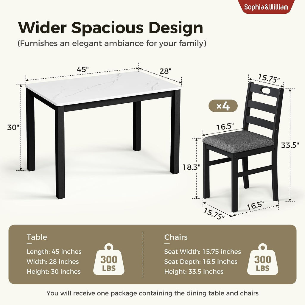 Sophia & William 5 Piece Dining Table Set for 4, Faux Marble Kitchen Table and Chairs Set, Solid Wood Farmhouse Dinner Table Set,Venatino White Marble & Black