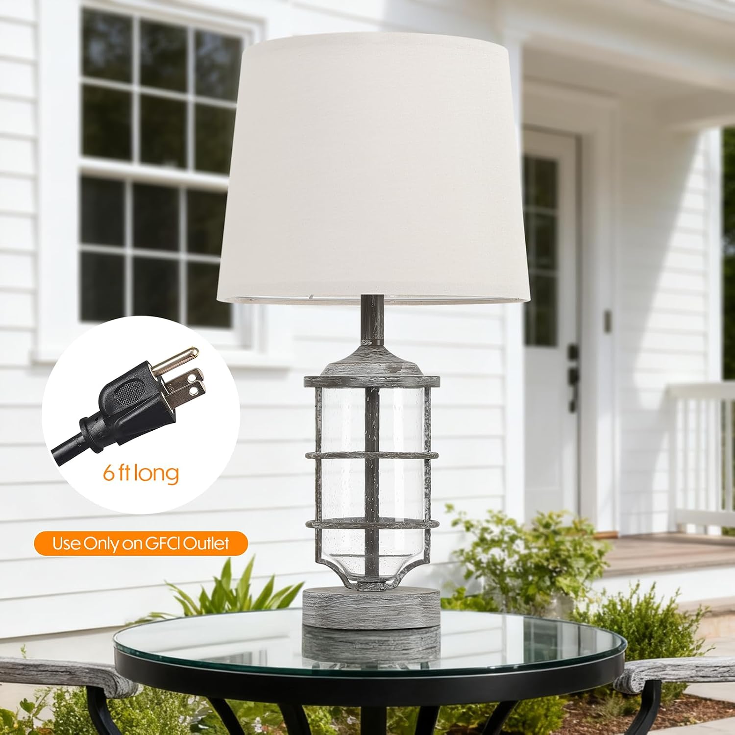 Outdoor Table Lamp, Farmhouse Lamp for Patio Table Decor with Cord, Rustic Table Light with Seeded Glass, 23.5' Plug-in Outdoor Lamps for Patio Waterproof, LED Bulb Included (Antique White Color)
