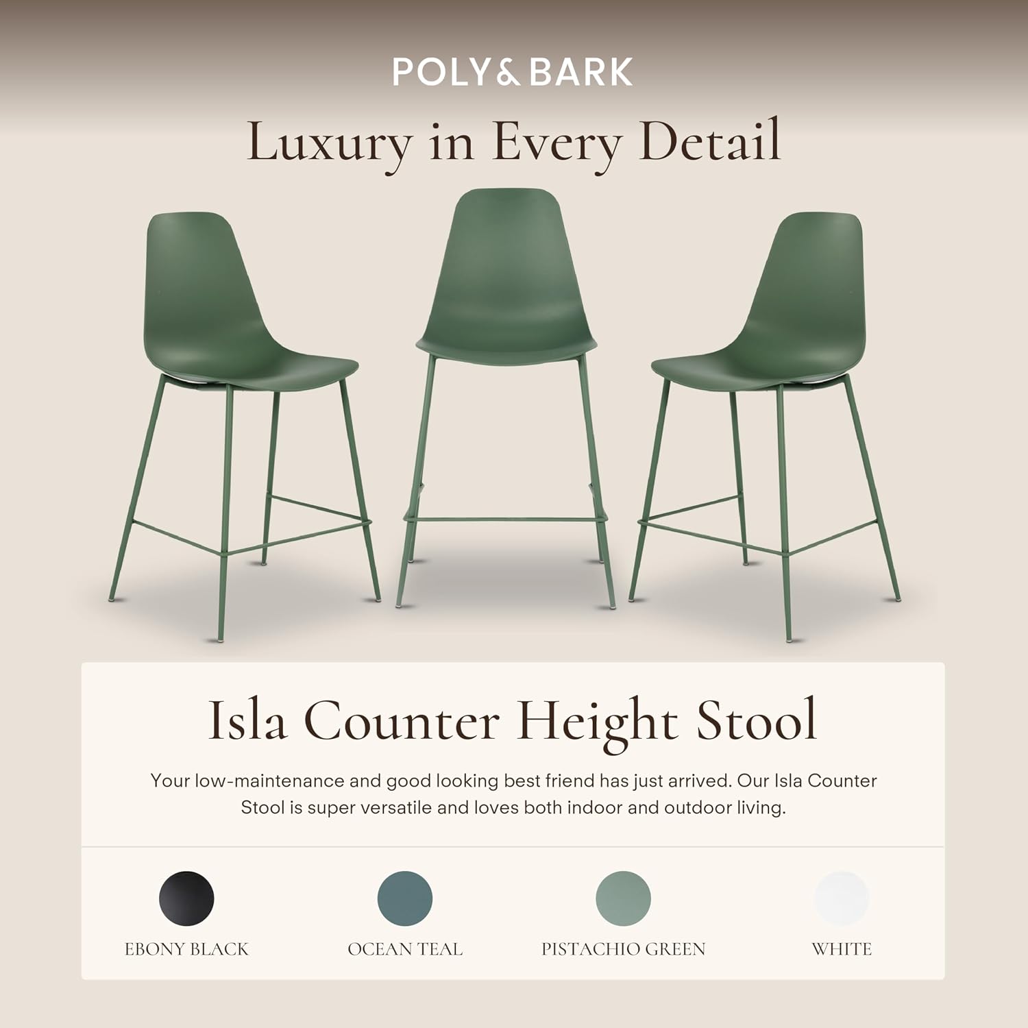 Poly & BARK Isla Bar Stools Set of 3 – Counter Height Bar Stool for Kitchen – Set of Counter Stools – Indoor/Outdoor Barstools – Modern Kitchen Bar Stools - Pistachio Green