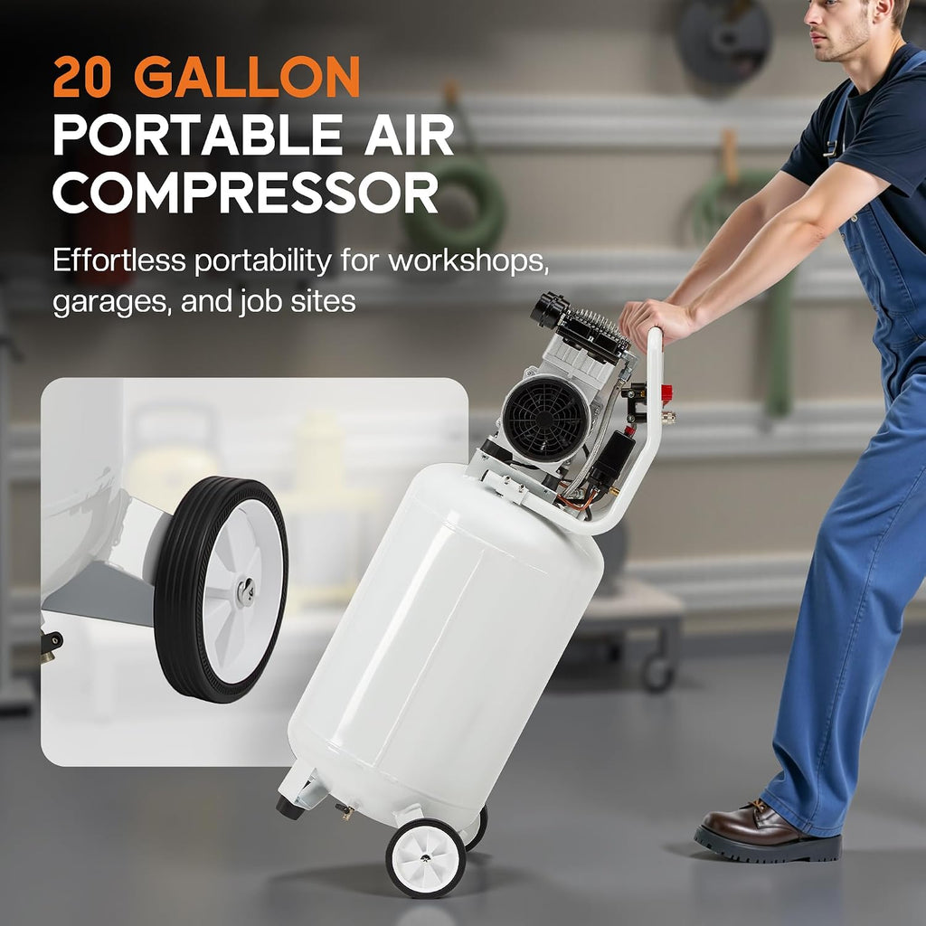 Albott 20 Gallon Electric Air Compressor, 1.8 HP Vertical Wheeled Tank | Oil-Free Air Compressor with Copper Motor 120 PSI Max Garage Air Supply Pneumatic Tool Tire Inflation Use