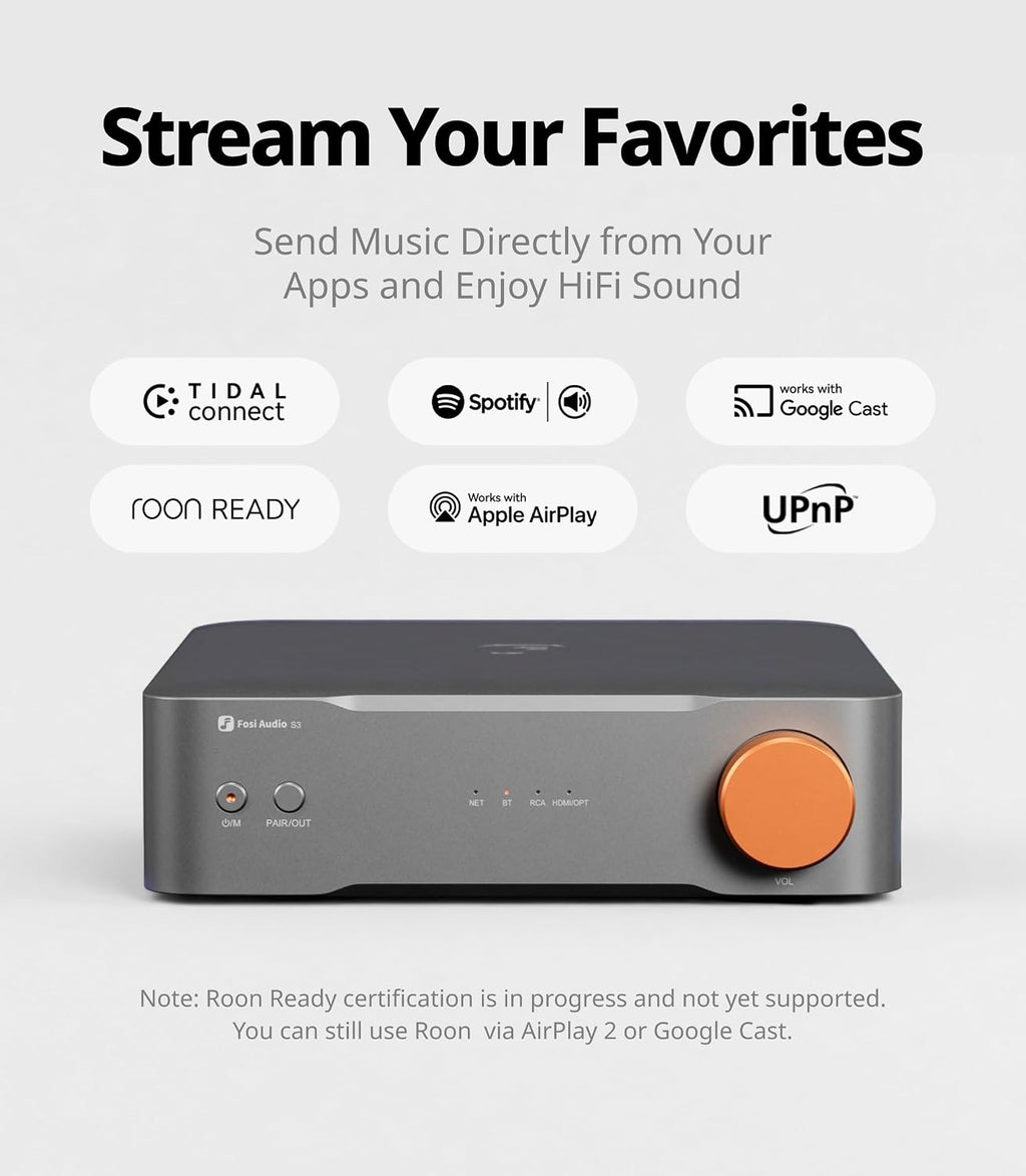 Fosi Audio S3 HiFi Music Streamer DAC Preamp, AK4493SEQ DAC Wi-Fi 6 Bluetooth 5.3, Digital Transport with XLR Balanced/Optical/Sub Out/HDMI eARC, AirPlay 2 Spotify Connect Tidal, 5-Band EQ