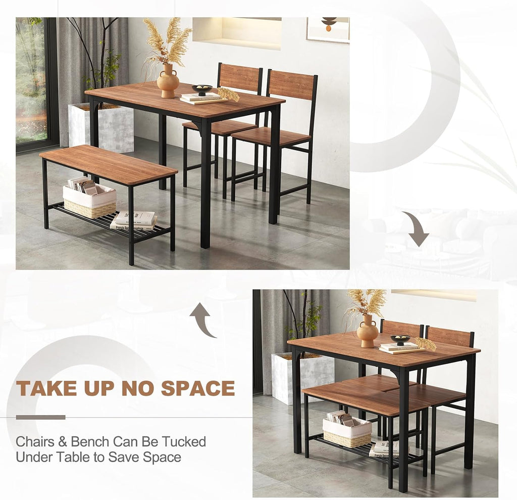 Giantex Dining Table Set for 4, 43' Kitchen Table and Chairs, Dining Bench with Metal Frame & Storage Rack, 4-Piece Modern Functional Desk Set for Dinette, Small Space, Apartment, Restaurant, Walnut
