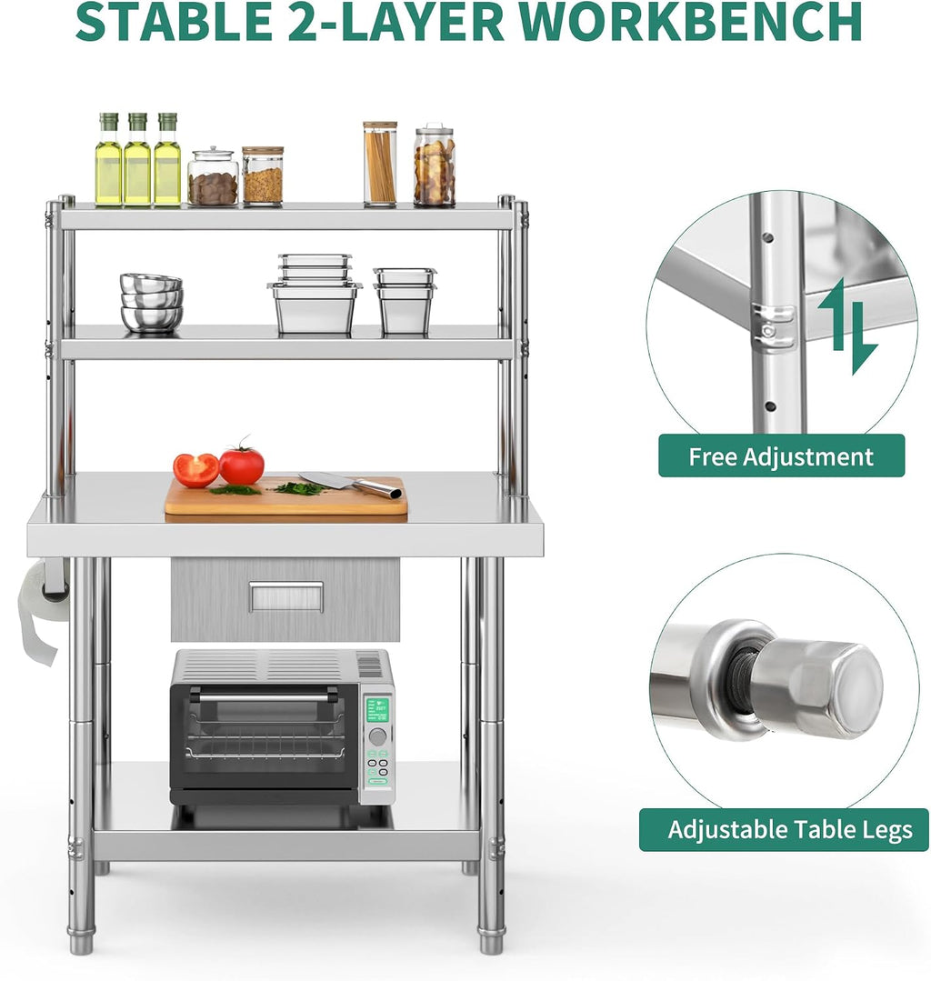 YITAHOME Stainless Steel Adjustable Work Table with 36' 12' Shelf, Overshelves & Drawer - NSF Metal Prep Table for Kitchen, Home, Restaurant & More