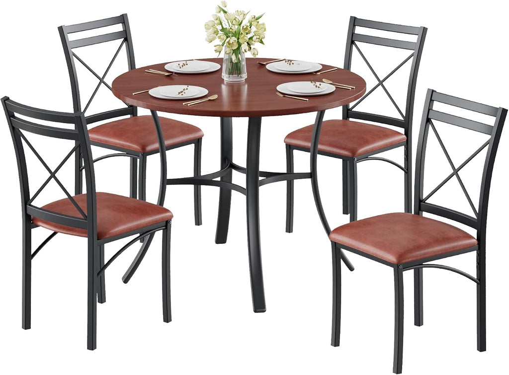 VECELO 5 Piece Dining Table Set for 4 with Chairs, Wood Grain Tabletop, Small Space, Kitchen, Breakfast Nook, Brown