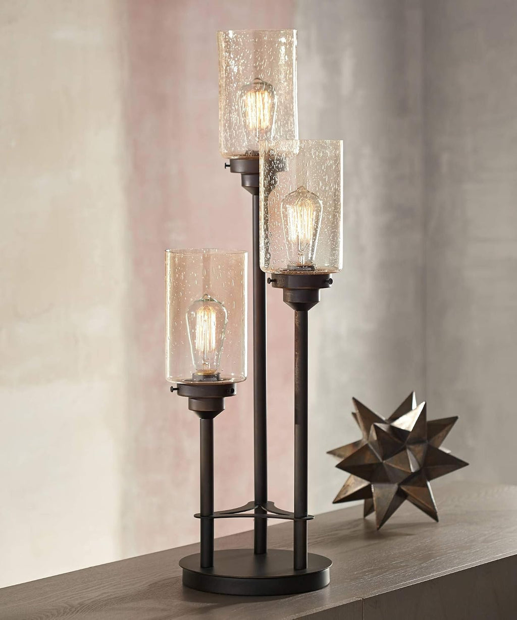 Franklin Iron Works Libby Modern Industrial Rustic Farmhouse Table Lamp 30' Tall Full Size Bronze Metal 3-Light LED Amber Seeded Cylinder Glass for Living Room Bedroom House Bedside Nightstand