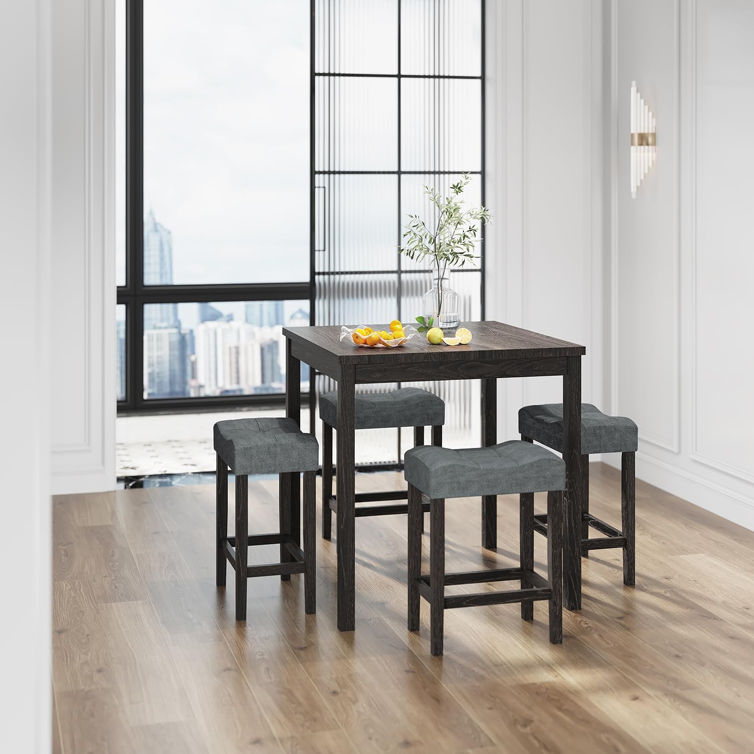 allamazing 5-Piece Counter Dinner Height Table Set, Indoor Modern Rectangular Dining Table Furniture Set for Kitchen, 35 inch Dining Table with 4 stools (1+4 Black)