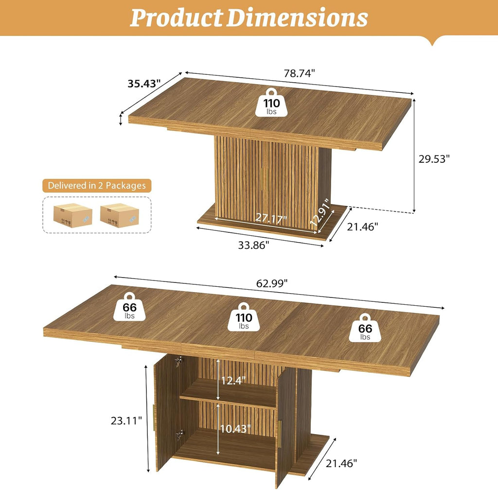 Zevemomo 62.99'-78.74' Expandable Dining Table with Storage, Extendable Dining Table for 6-10 People, Extra Hidden Storage for Tableware & Wine, Modern Farmhouse Table for Kitchen Living Room-Brown