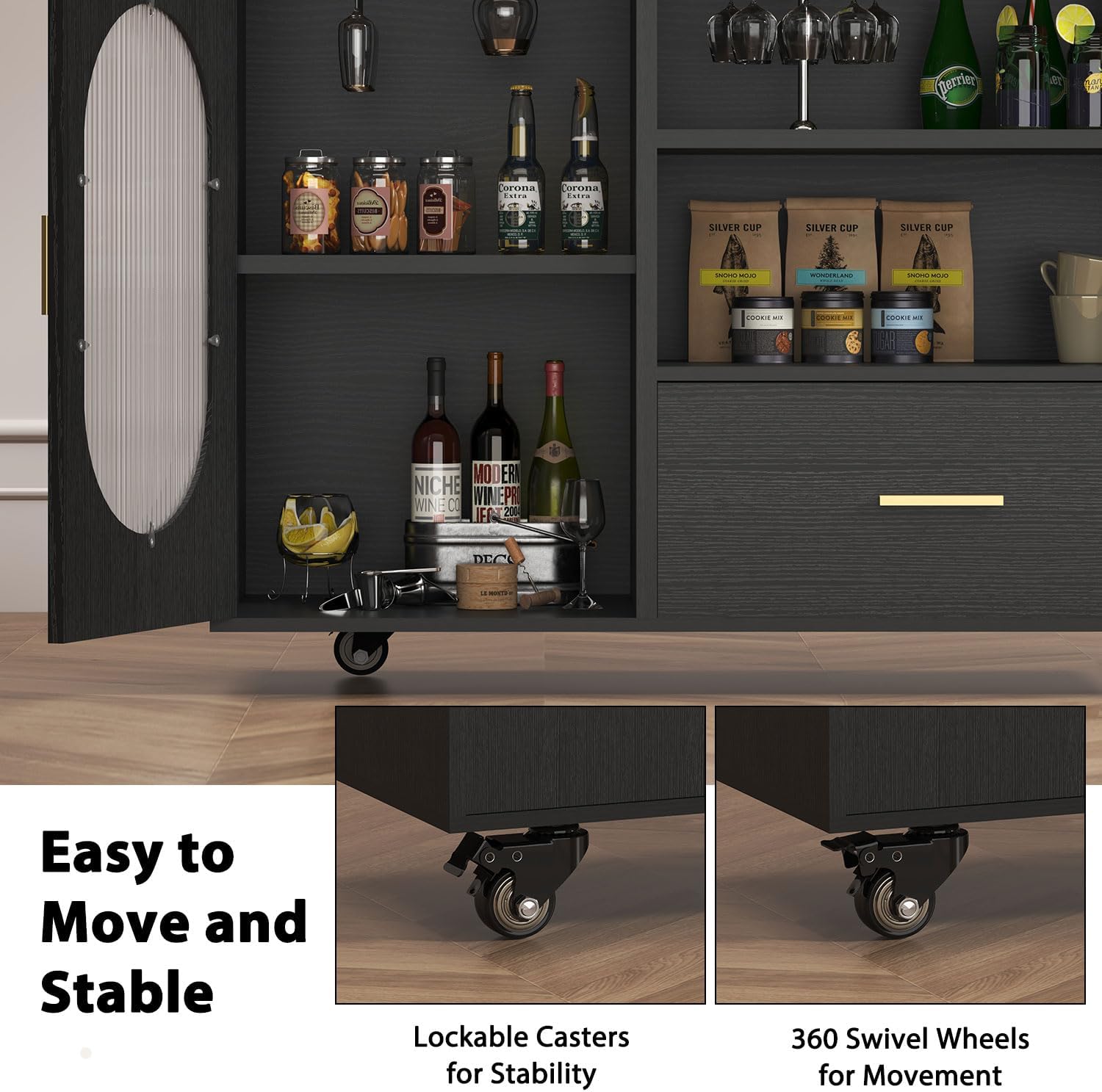 HSH 72' Rolling Kitchen Island with Seating, 360° Swivel Table, Kitchen Island with Storage Cabinet, Drawer & Shelves, Farmhouse Mobile Island Cart on Wheels for Dining Room & Home Bar, Black Oak