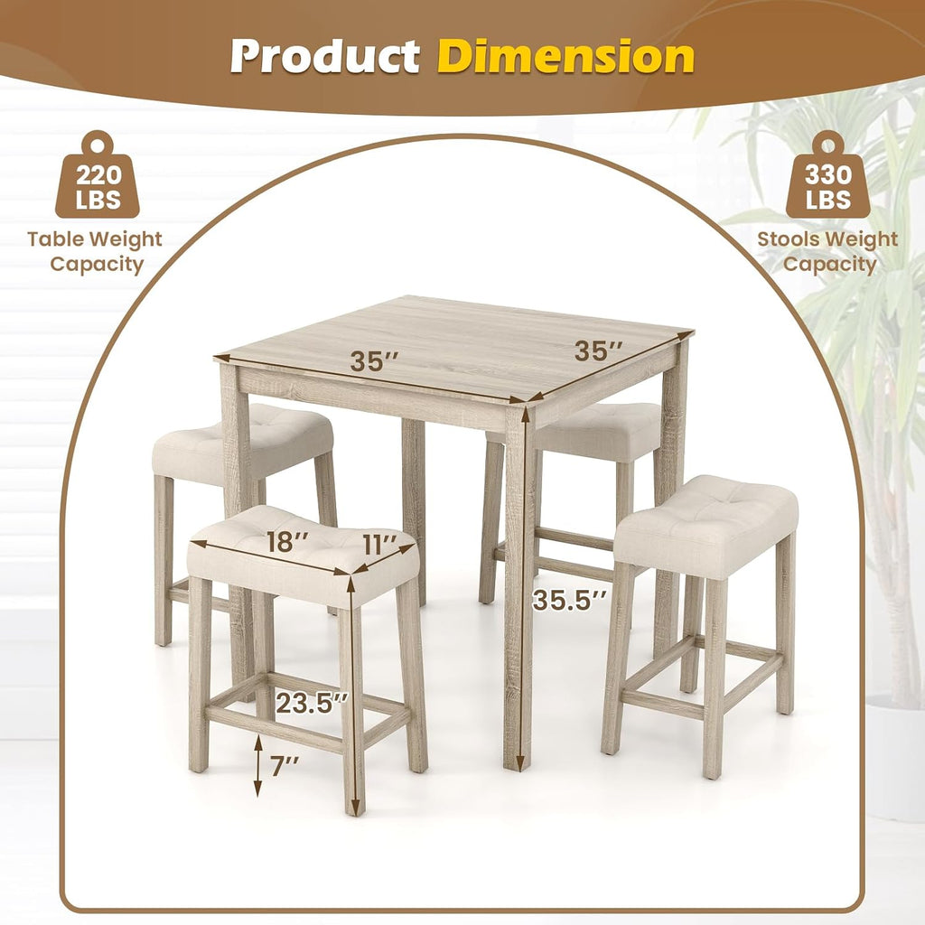 Giantex 5-Piece Bar Table Set with 35'x35 Square Table, 18'x11 Padded Stools, Rubber Wood Legs, Footrest, Bar Table and Chairs Set for Kitchen, Dinette, Small Space, Dining Table Set for 4