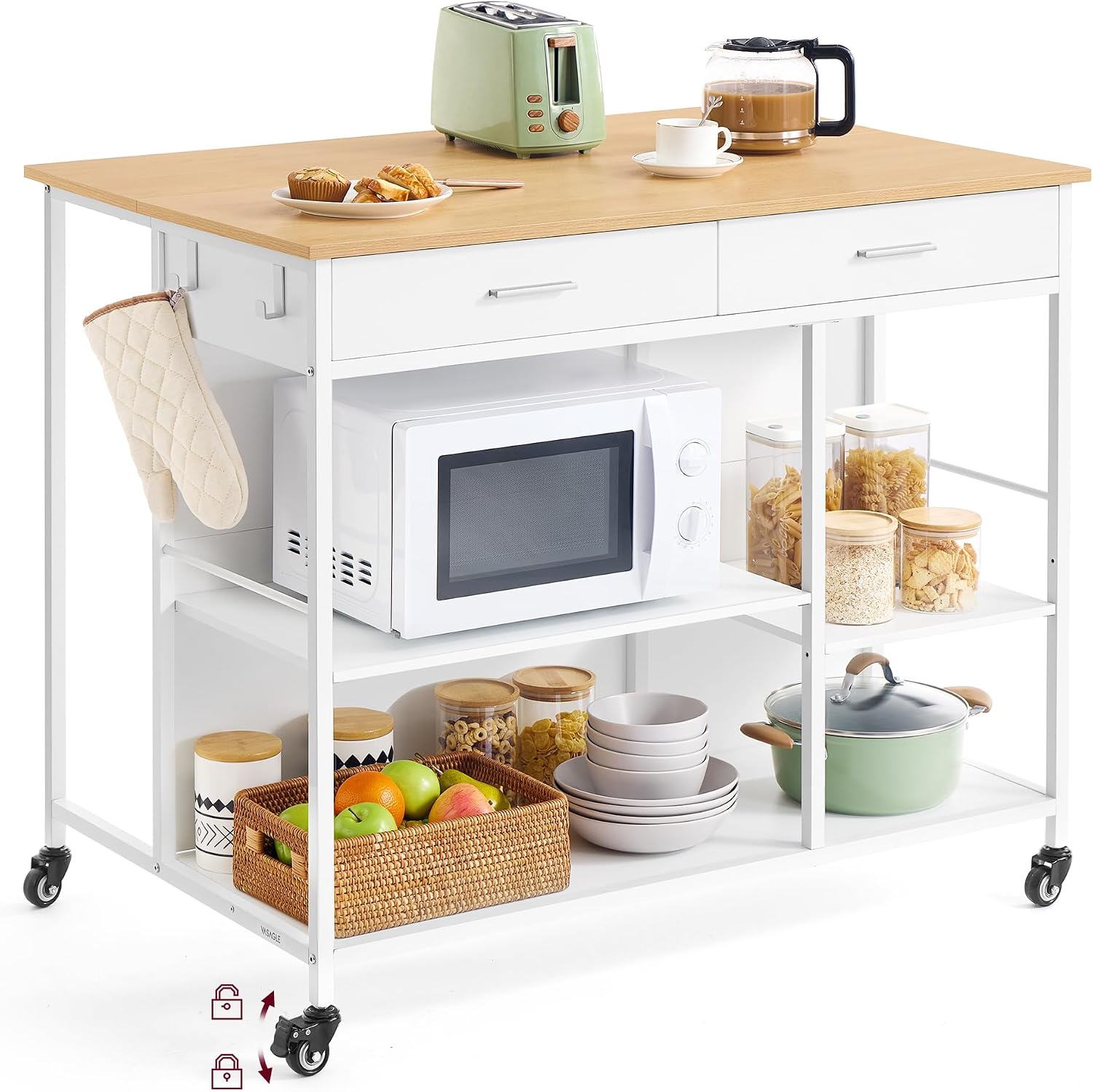 VASAGLE Kitchen Rolling Island, Mobile Kitchen Cart with Storage on Wheels, 27.6 x 43.3 x 35.4 Inches, 2 Drawers, 2 Hooks, for Dining Room, Oak Beige and Matte White UKKI011Y01